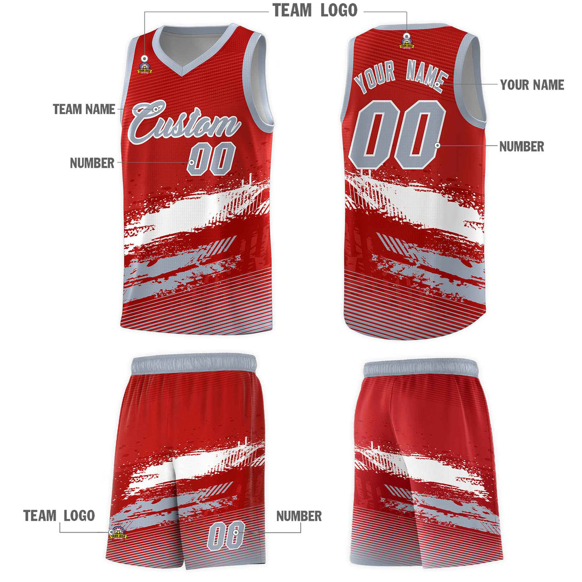Custom Red White and Gray Graffiti Pattern Sports Uniform Basketball Jersey|KXKSHOP