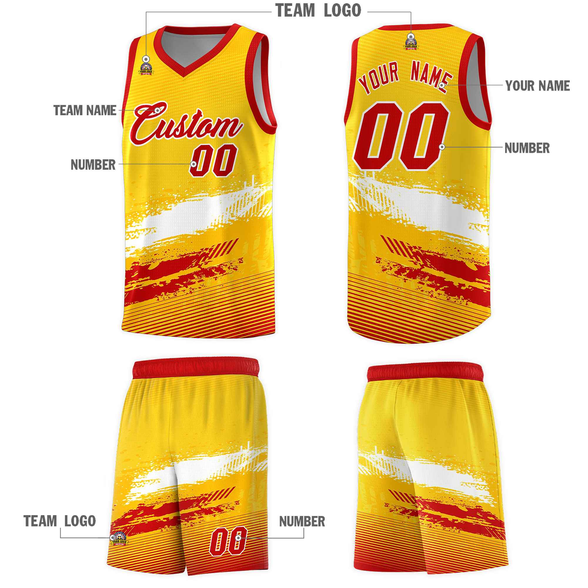 Custom Yellow White and Red Graffiti Pattern Sports Uniform Basketball Jersey|KXKSHOP