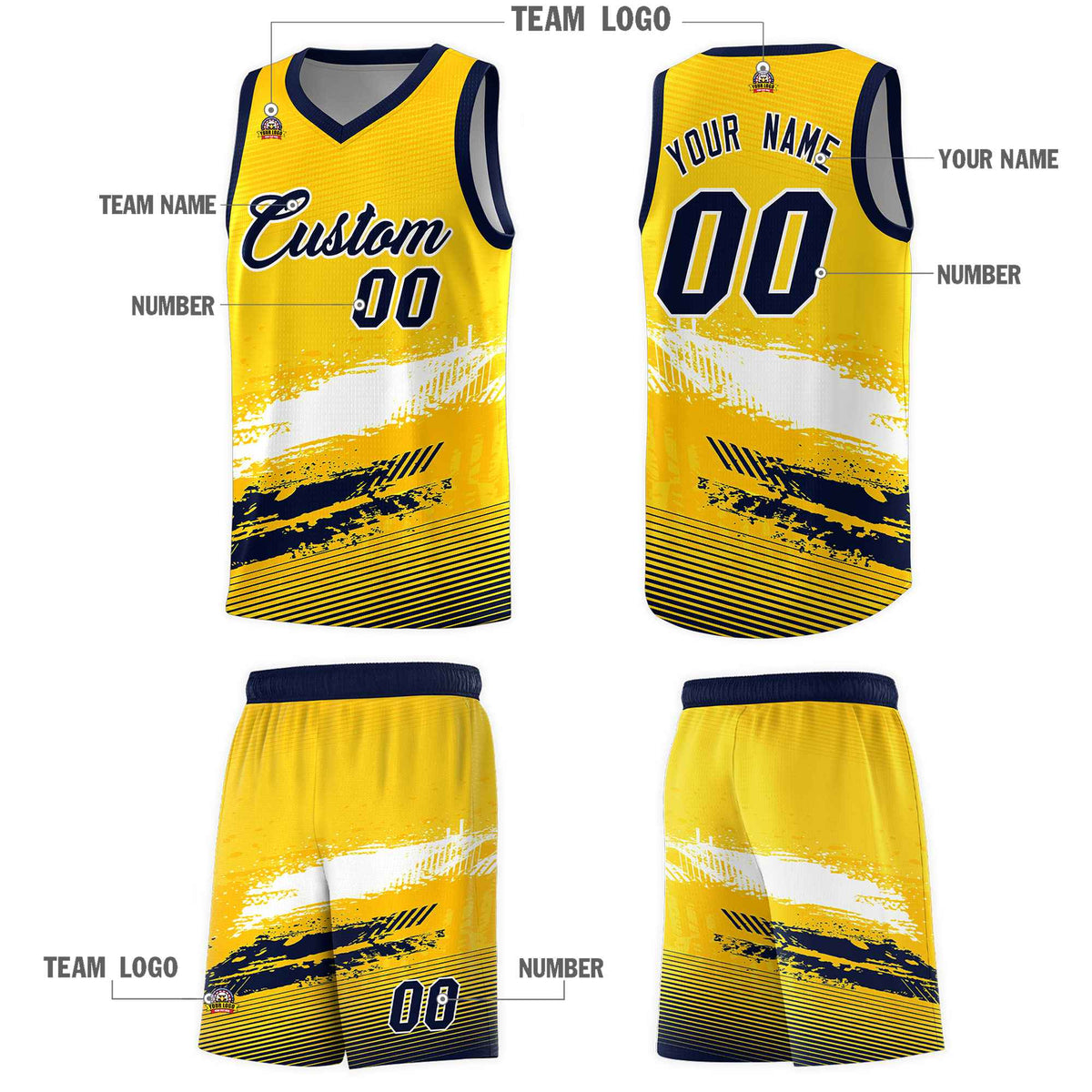 Custom Yellow White and Navy Graffiti Pattern Sports Uniform Basketball Jersey|KXKSHOP