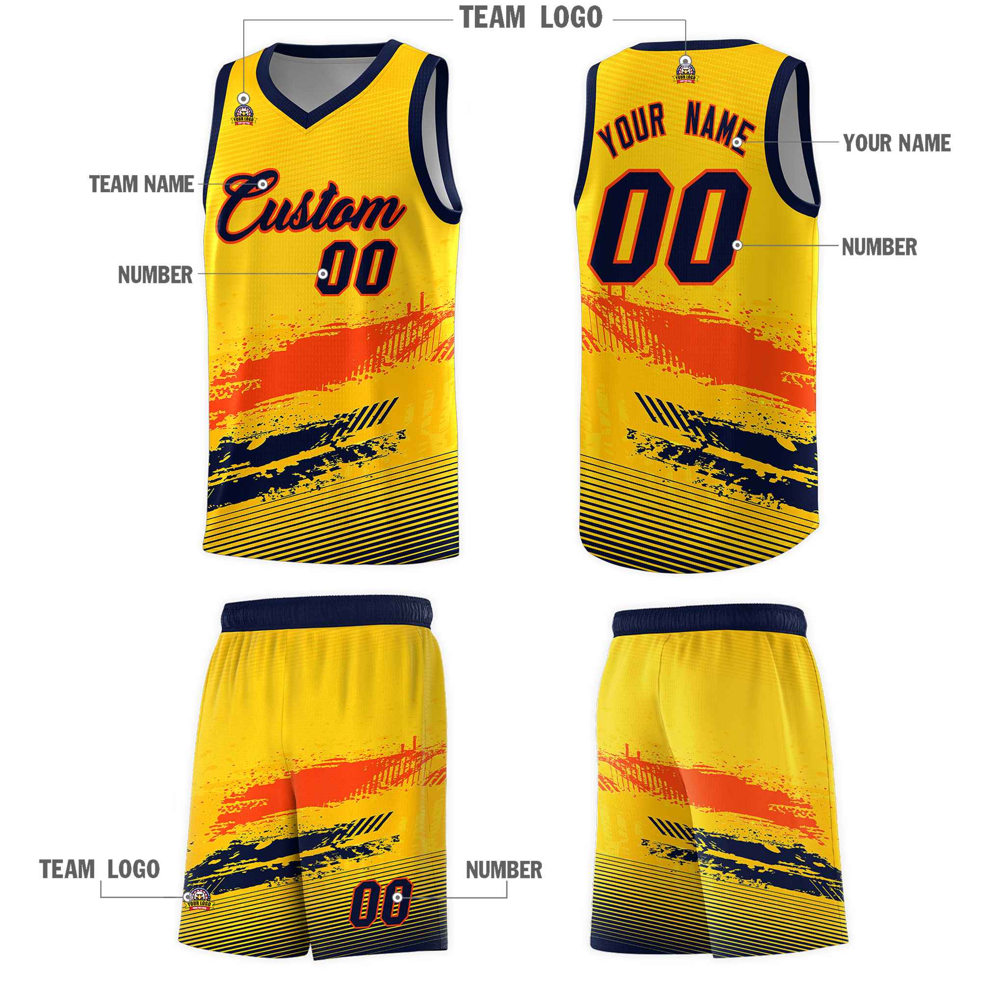 Custom Yellow Orange and Navy Graffiti Pattern Sports Uniform Basketball Jersey|KXKSHOP