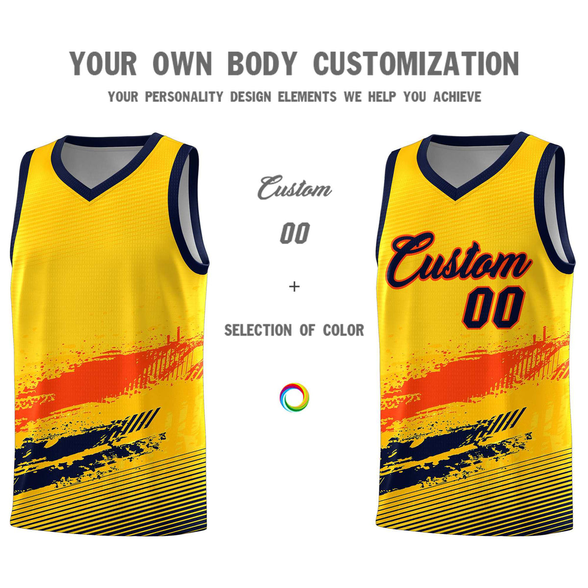 Custom Yellow Orange and Navy Graffiti Pattern Sports Uniform Basketball Jersey|KXKSHOP