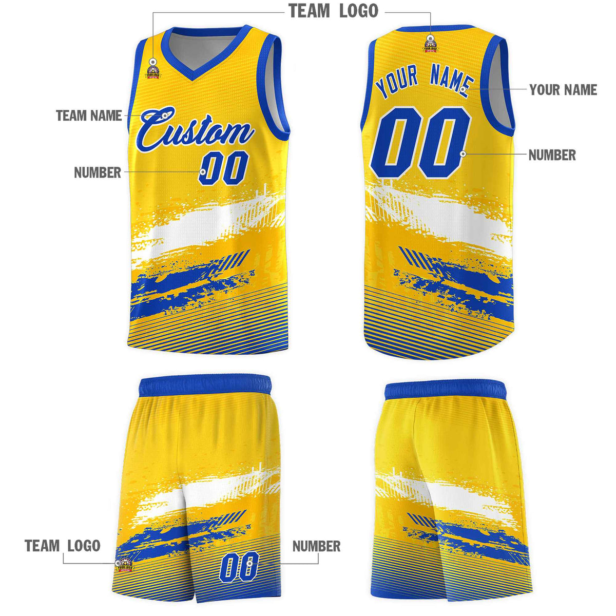 Custom Yellow White and Royal Graffiti Pattern Sports Uniform Basketball Jersey|KXKSHOP