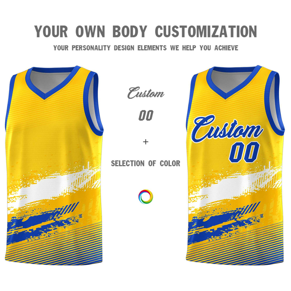 Custom Yellow White and Royal Graffiti Pattern Sports Uniform Basketball Jersey|KXKSHOP