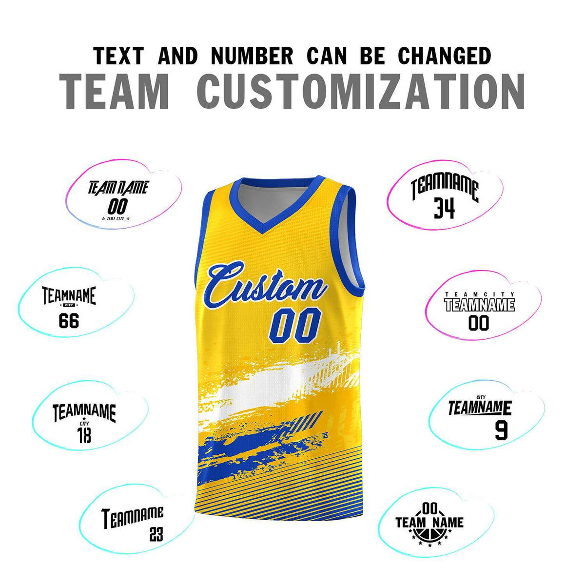 Custom Yellow White and Royal Graffiti Pattern Sports Uniform Basketball Jersey|KXKSHOP