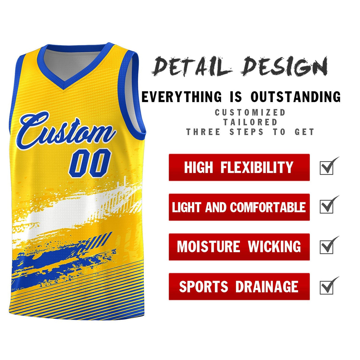 Custom Yellow White and Royal Graffiti Pattern Sports Uniform Basketball Jersey|KXKSHOP