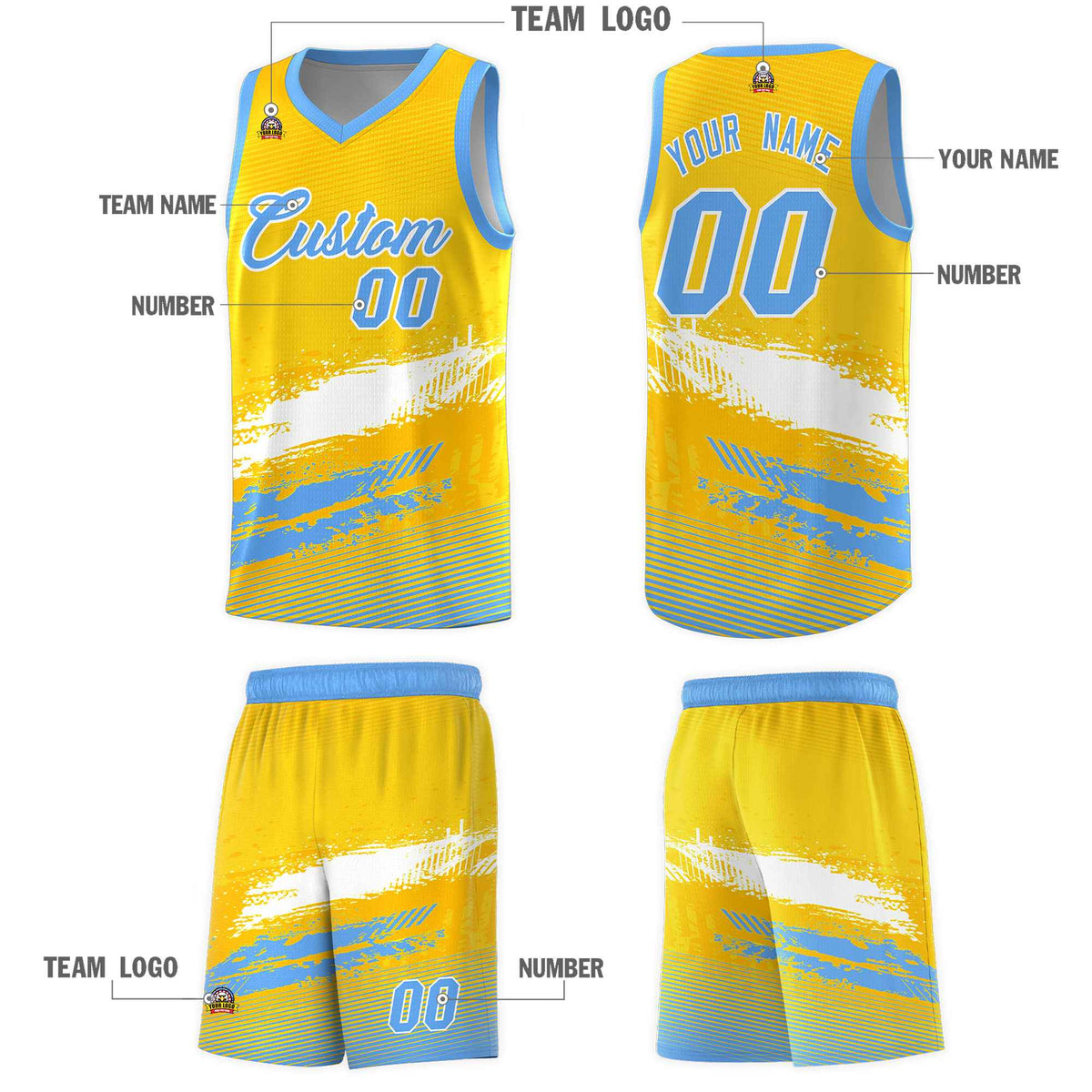 Custom Yellow White and Powder Blue Graffiti Pattern Sports Uniform Basketball Jersey|KXKSHOP