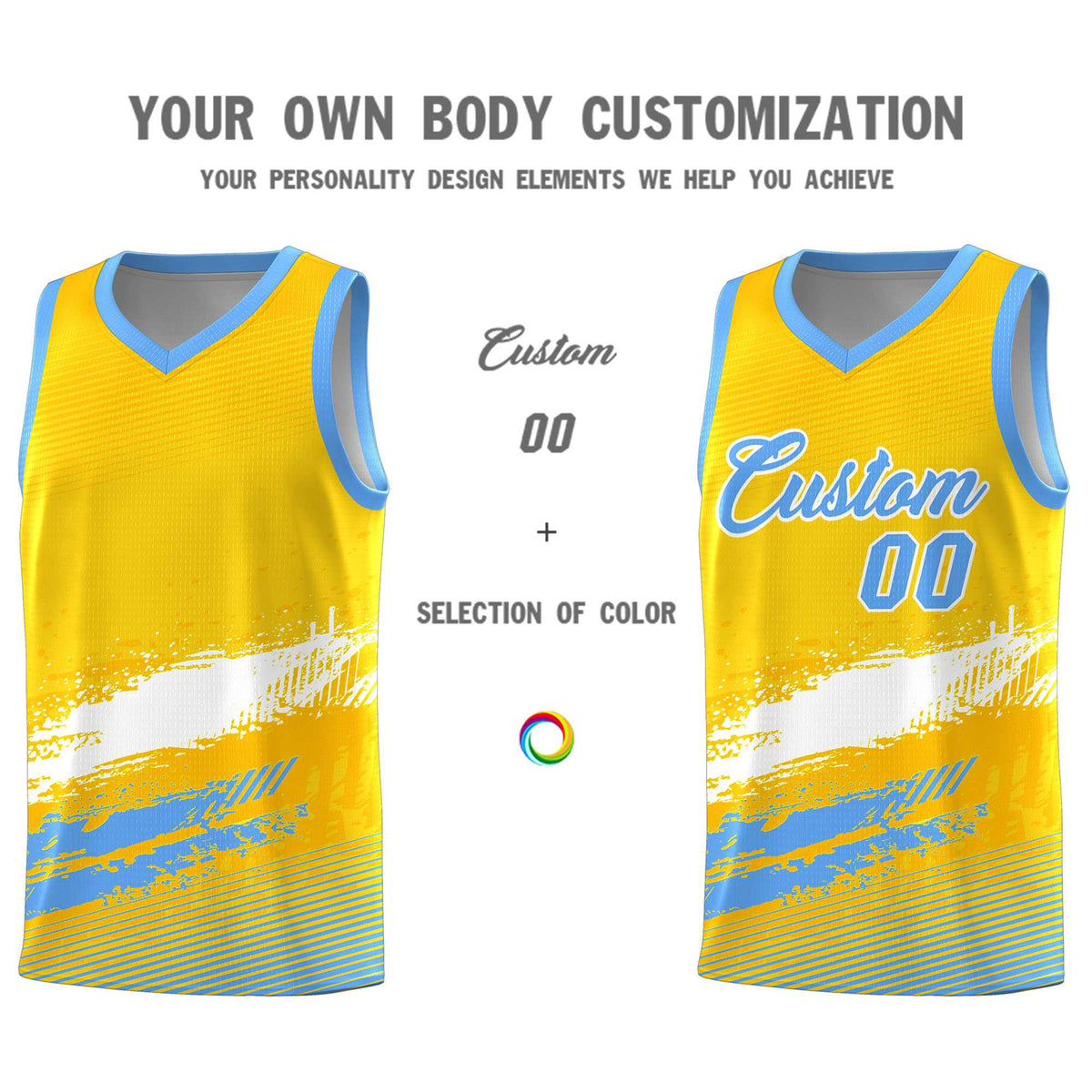 Custom Yellow White and Powder Blue Graffiti Pattern Sports Uniform Basketball Jersey|KXKSHOP