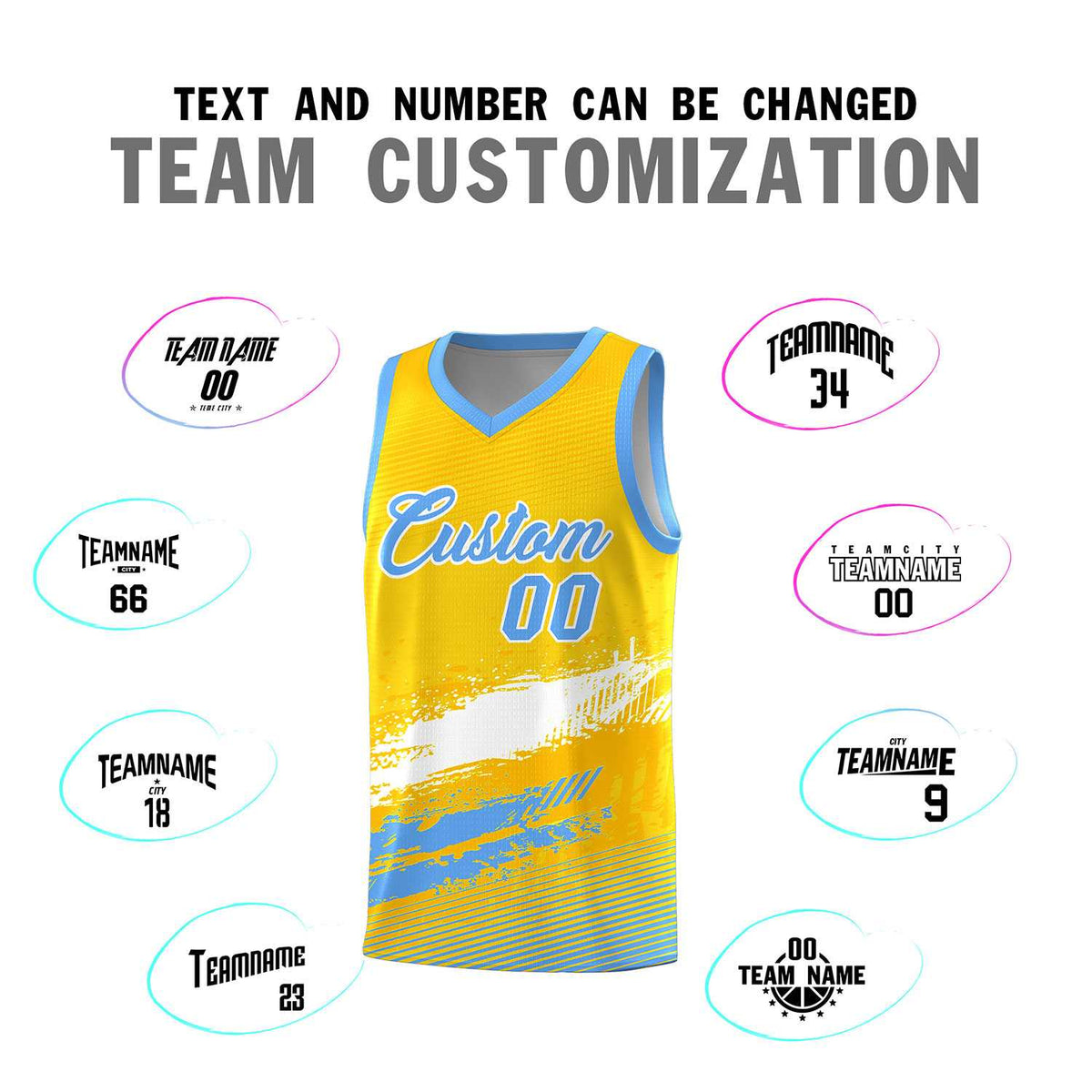 Custom Yellow White and Powder Blue Graffiti Pattern Sports Uniform Basketball Jersey|KXKSHOP