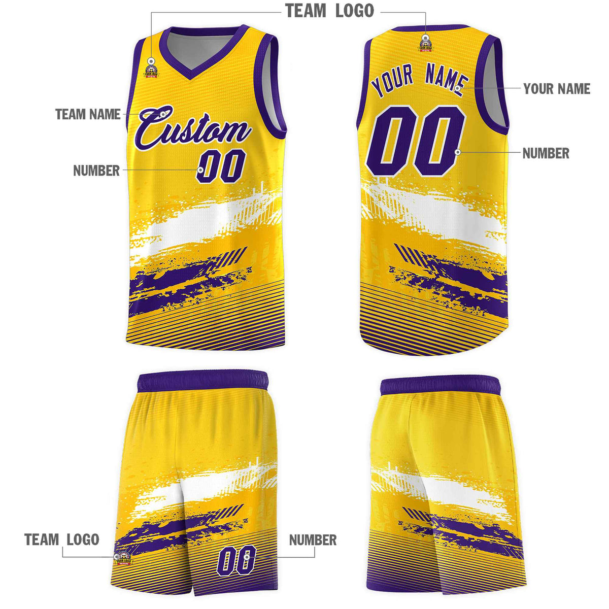 Custom Yellow White and Purple Graffiti Pattern Sports Uniform Basketball Jersey|KXKSHOP