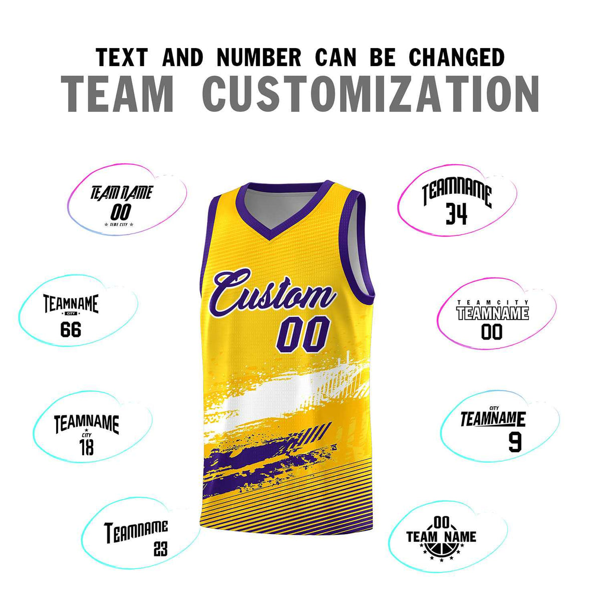 Custom Yellow White and Purple Graffiti Pattern Sports Uniform Basketball Jersey|KXKSHOP