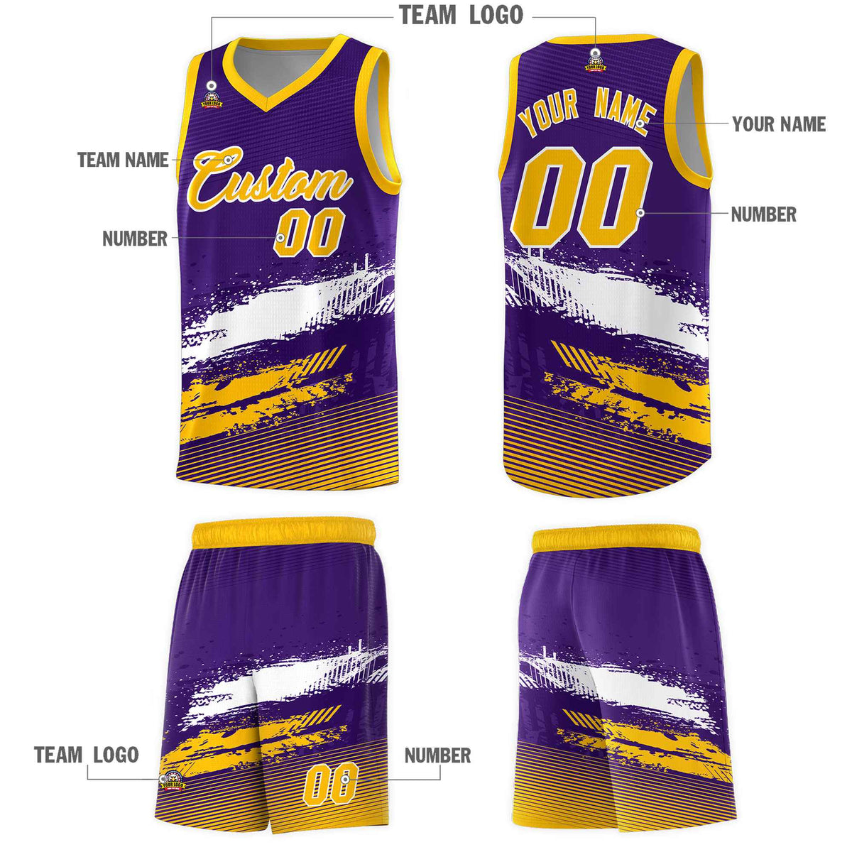 Custom Purple White and Yellow Graffiti Pattern Sports Uniform Basketball Jersey|KXKSHOP