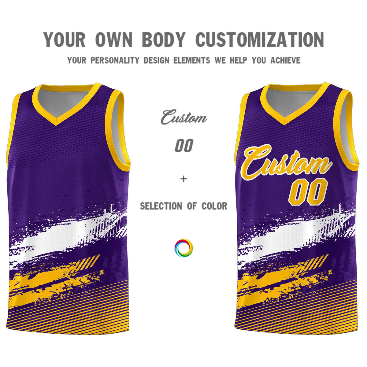 Custom Purple White and Yellow Graffiti Pattern Sports Uniform Basketball Jersey|KXKSHOP