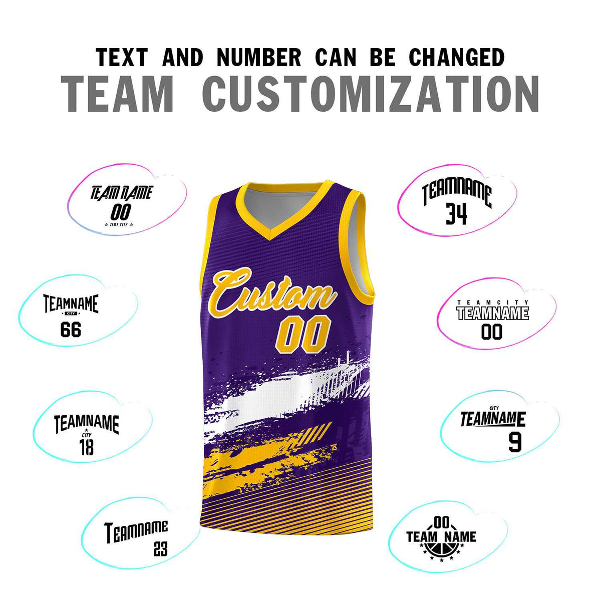 Custom Purple White and Yellow Graffiti Pattern Sports Uniform Basketball Jersey|KXKSHOP