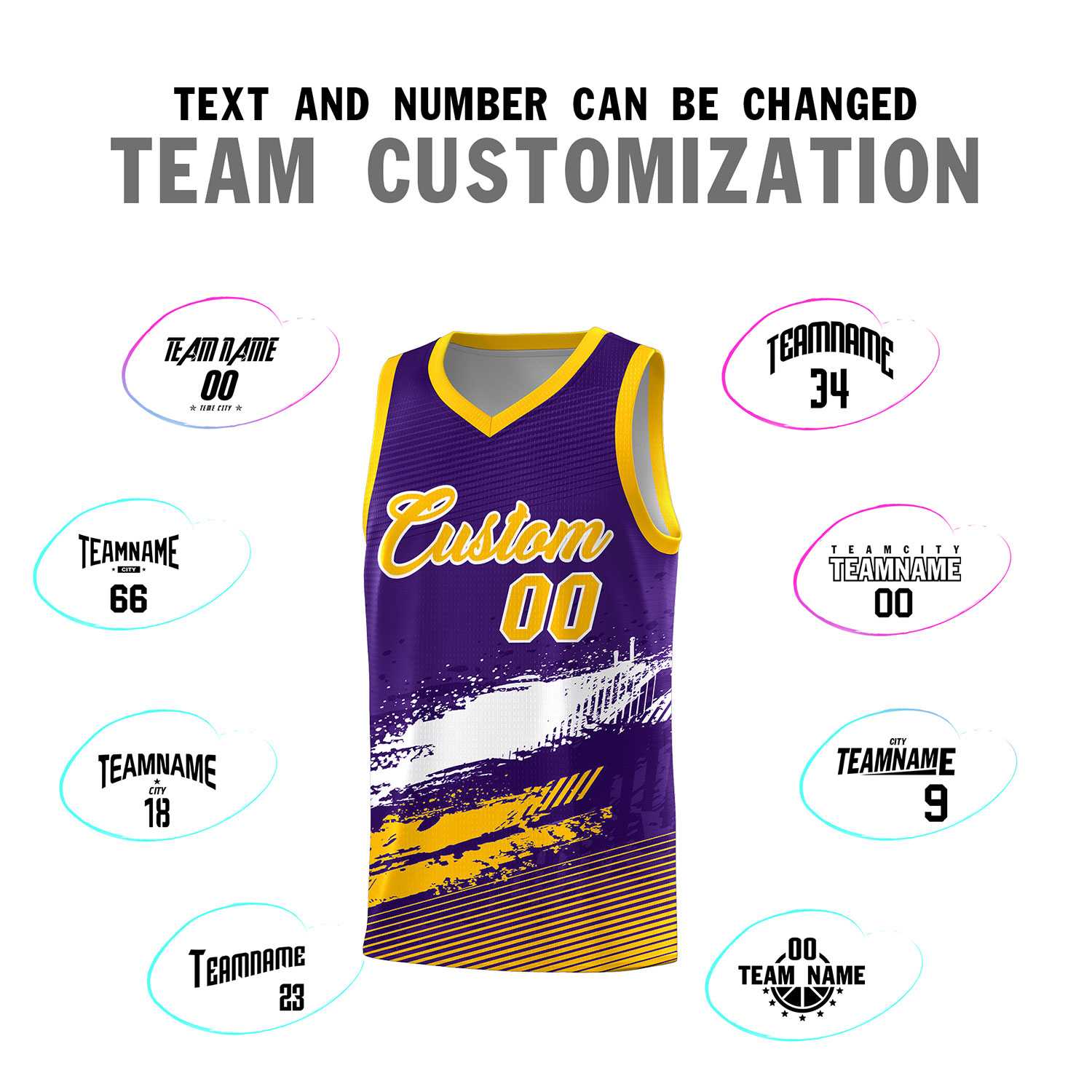 Custom Purple White and Yellow Graffiti Pattern Sports Uniform Basketball Jersey|KXKSHOP