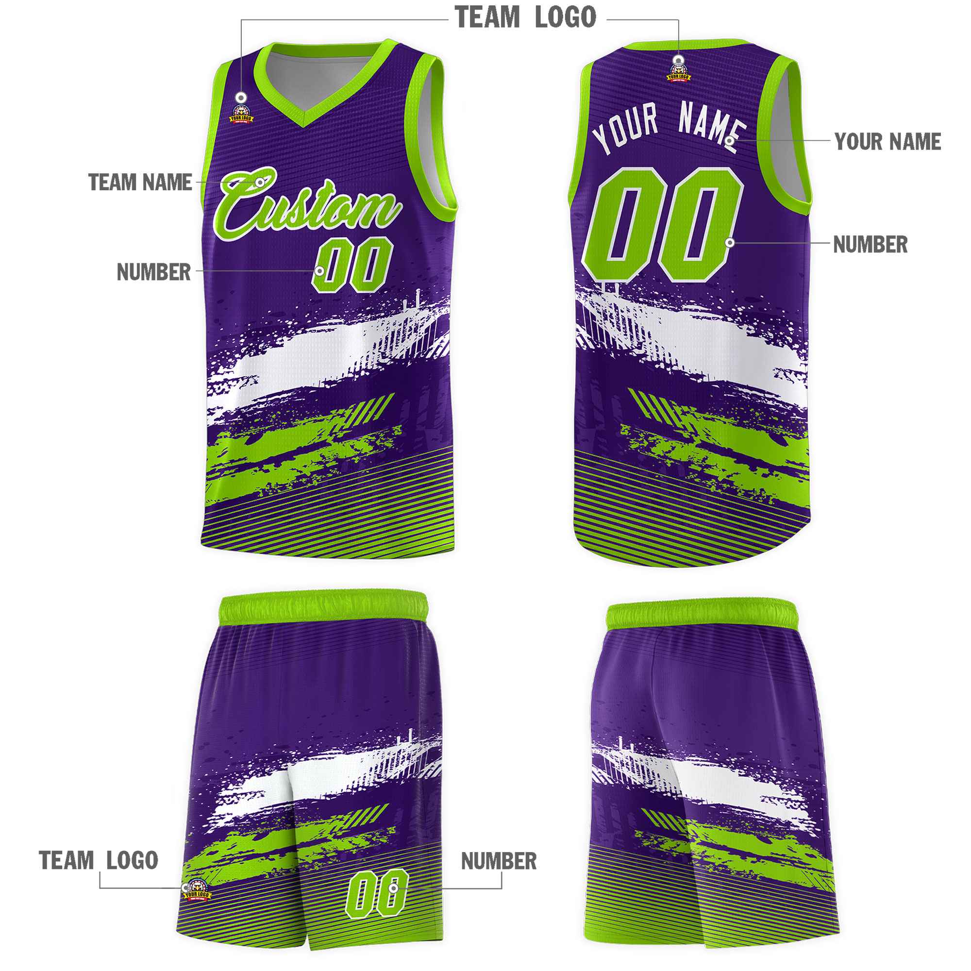 Custom Purple White and Neon Green Graffiti Pattern Sports Uniform Basketball Jersey|KXKSHOP