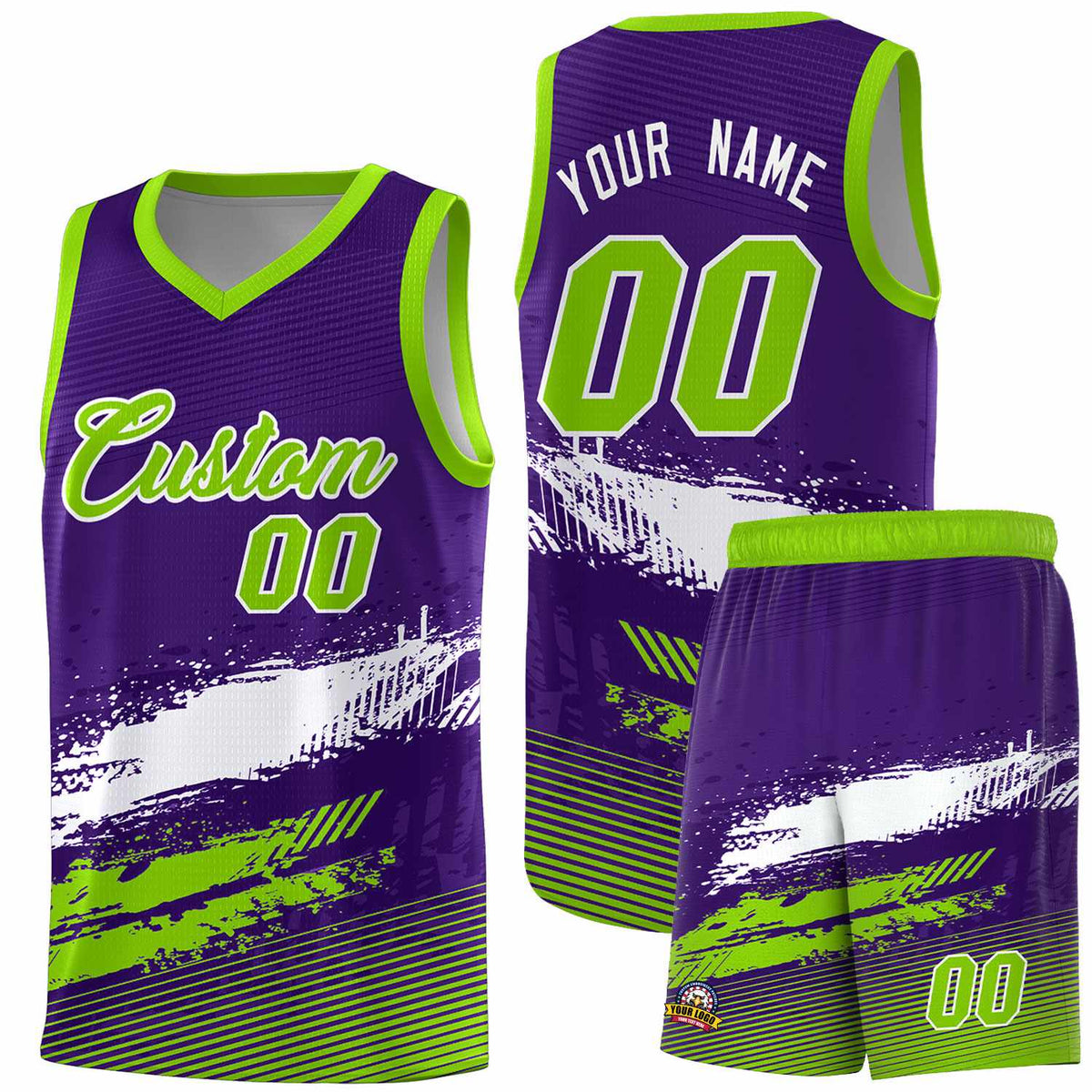 Custom Purple White and Neon Green Graffiti Pattern Sports Uniform Basketball Jersey|KXKSHOP