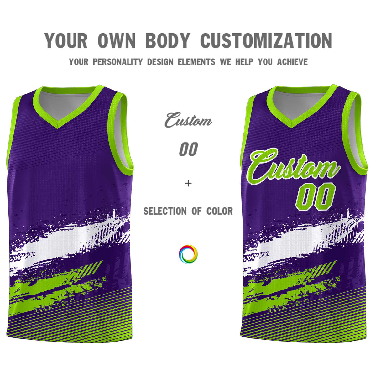 Custom Purple White and Neon Green Graffiti Pattern Sports Uniform Basketball Jersey|KXKSHOP