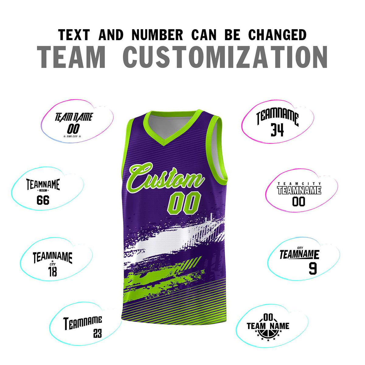 Custom Purple White and Neon Green Graffiti Pattern Sports Uniform Basketball Jersey|KXKSHOP