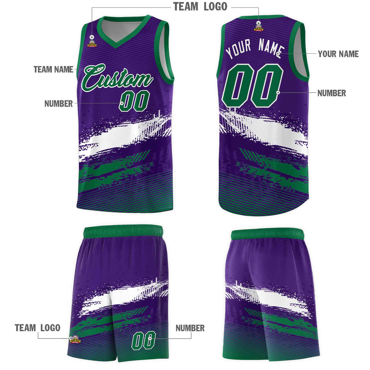 Custom Purple White and Kelly Green Graffiti Pattern Sports Uniform Basketball Jersey|KXKSHOP