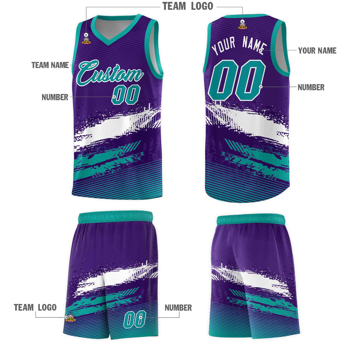 Custom Purple White and Aqua Graffiti Pattern Sports Uniform Basketball Jersey|KXKSHOP