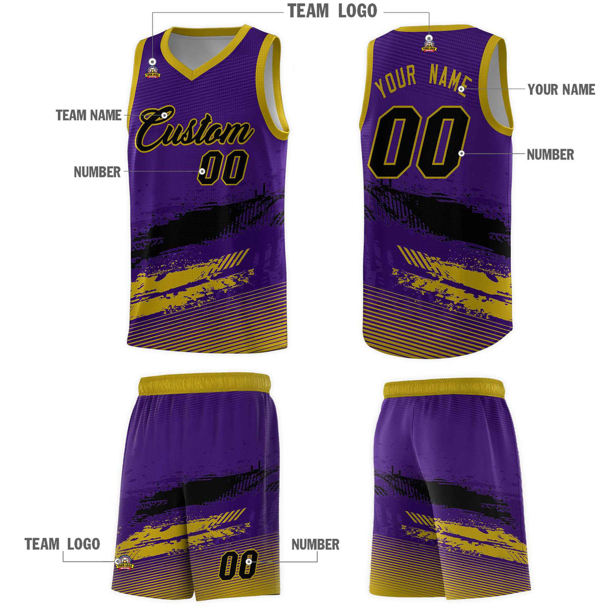 Custom Purple Black and Old Gold Graffiti Pattern Sports Uniform Basketball Jersey|KXKSHOP