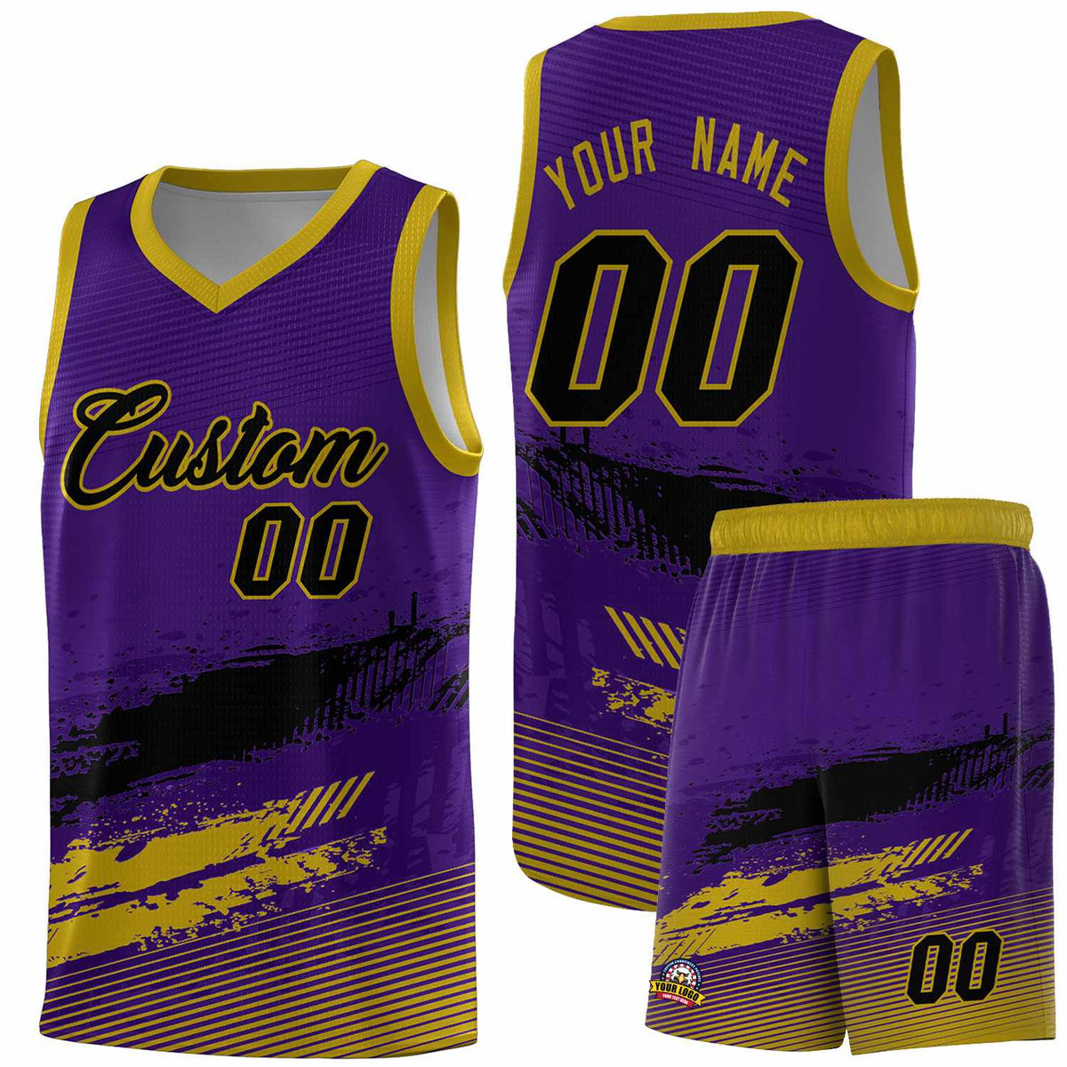 Custom Purple Black and Old Gold Graffiti Pattern Sports Uniform Basketball Jersey|KXKSHOP