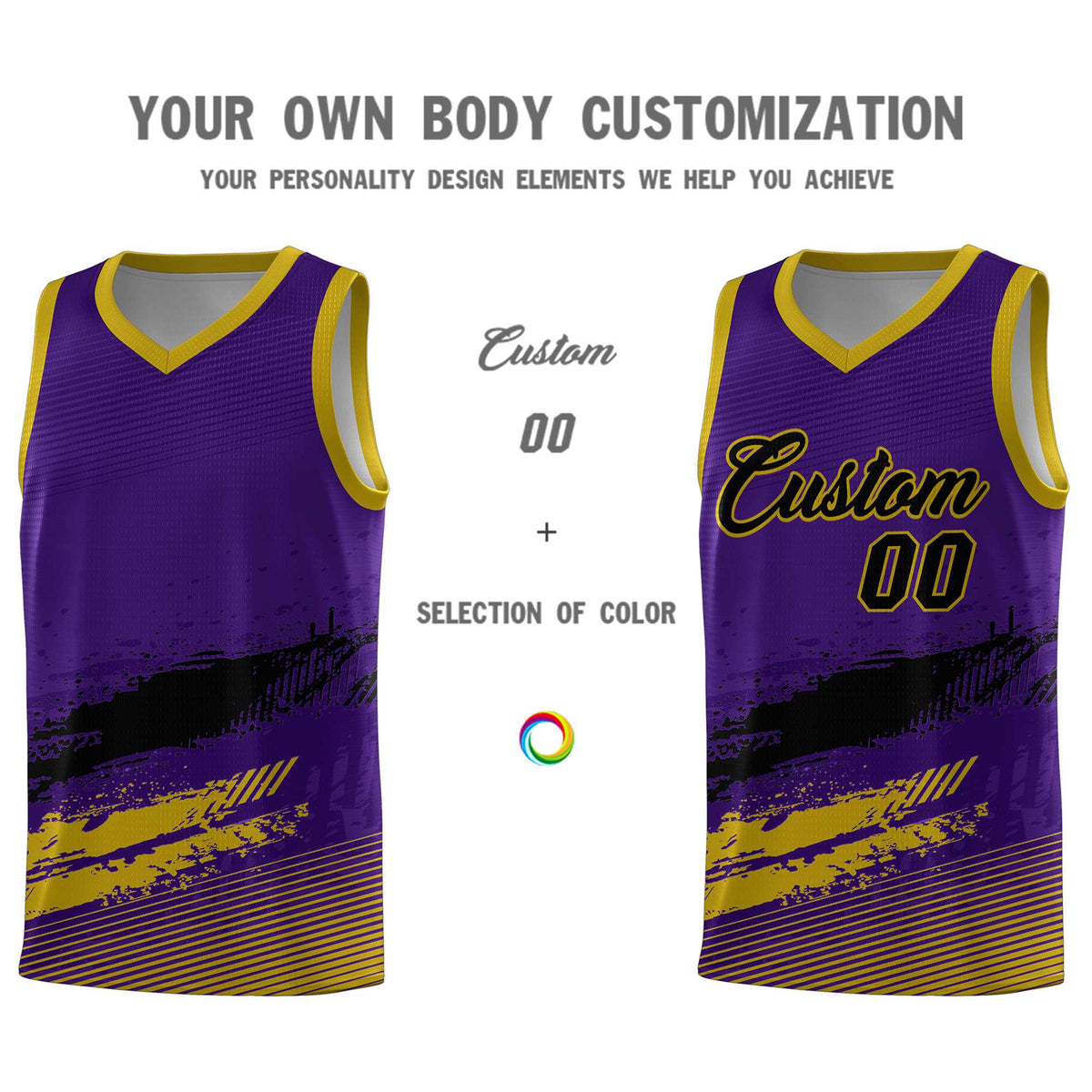 Custom Purple Black and Old Gold Graffiti Pattern Sports Uniform Basketball Jersey|KXKSHOP