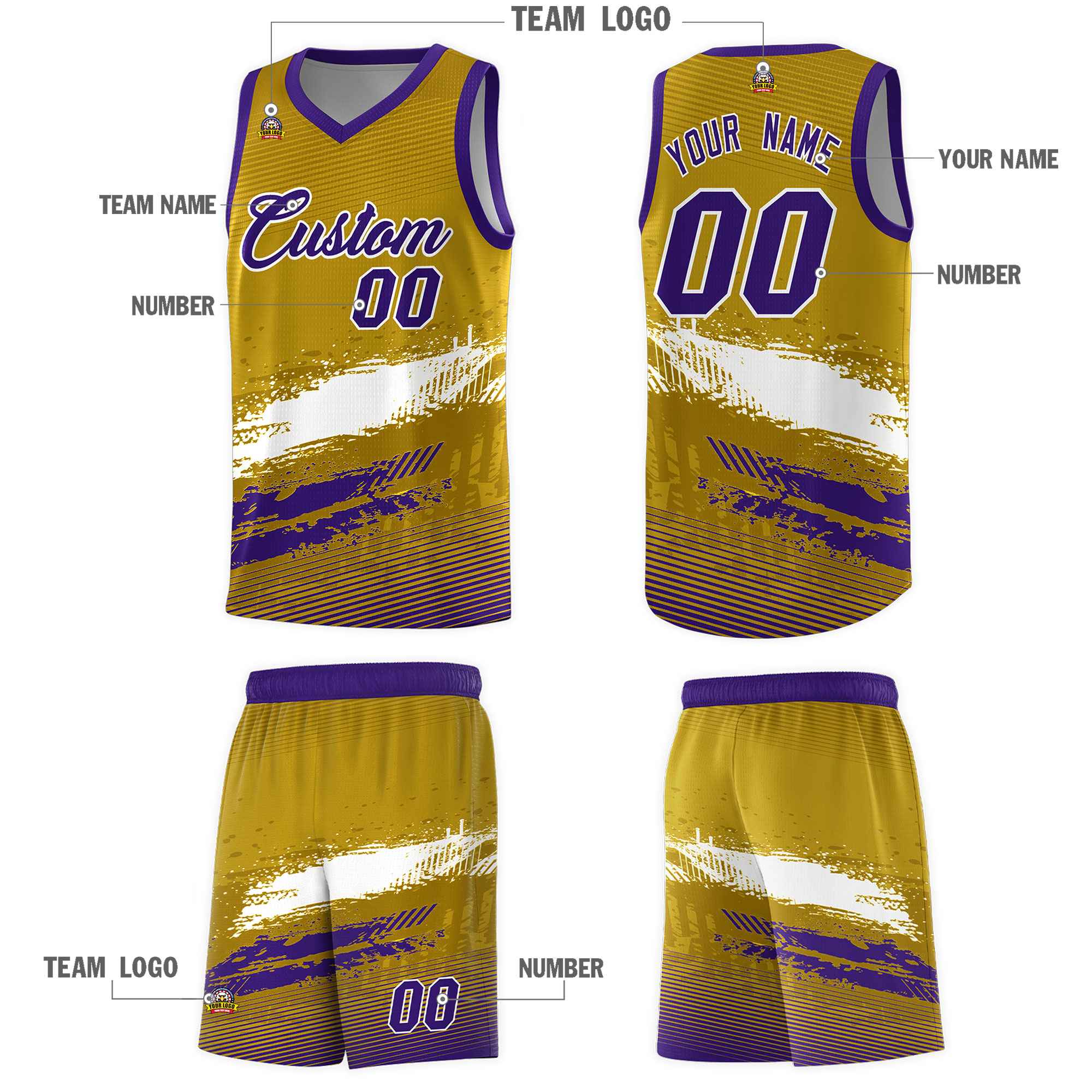 Custom Old Gold White and Purple Graffiti Pattern Sports Uniform Basketball Jersey|KXKSHOP