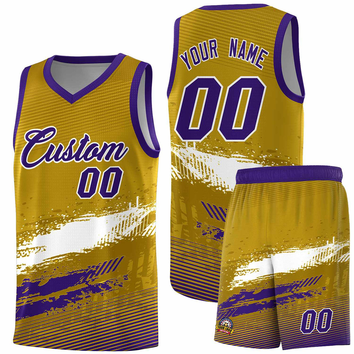Custom Old Gold White and Purple Graffiti Pattern Sports Uniform Basketball Jersey|KXKSHOP