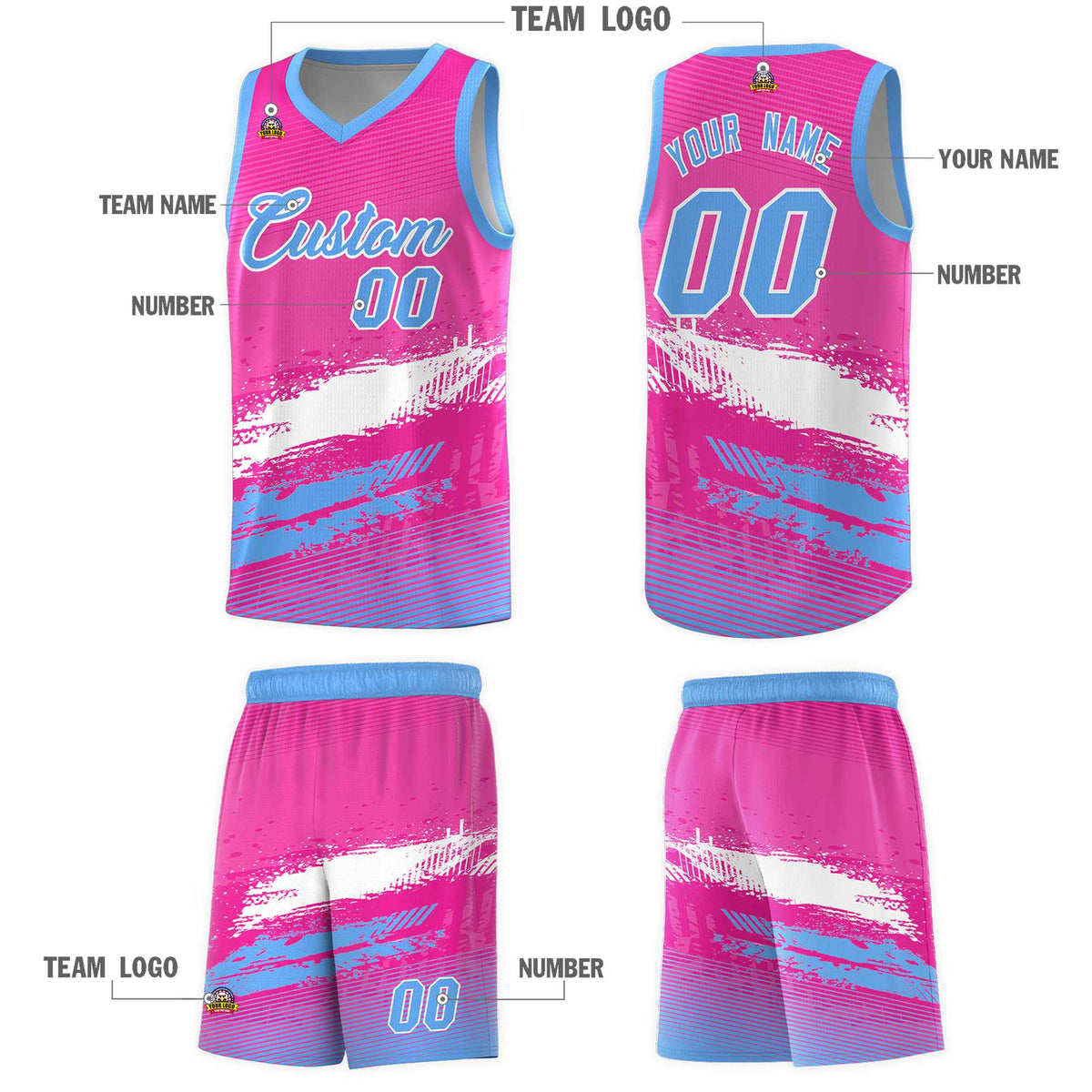 Custom Pink White and Powder Blue Graffiti Pattern Sports Uniform Basketball Jersey|KXKSHOP