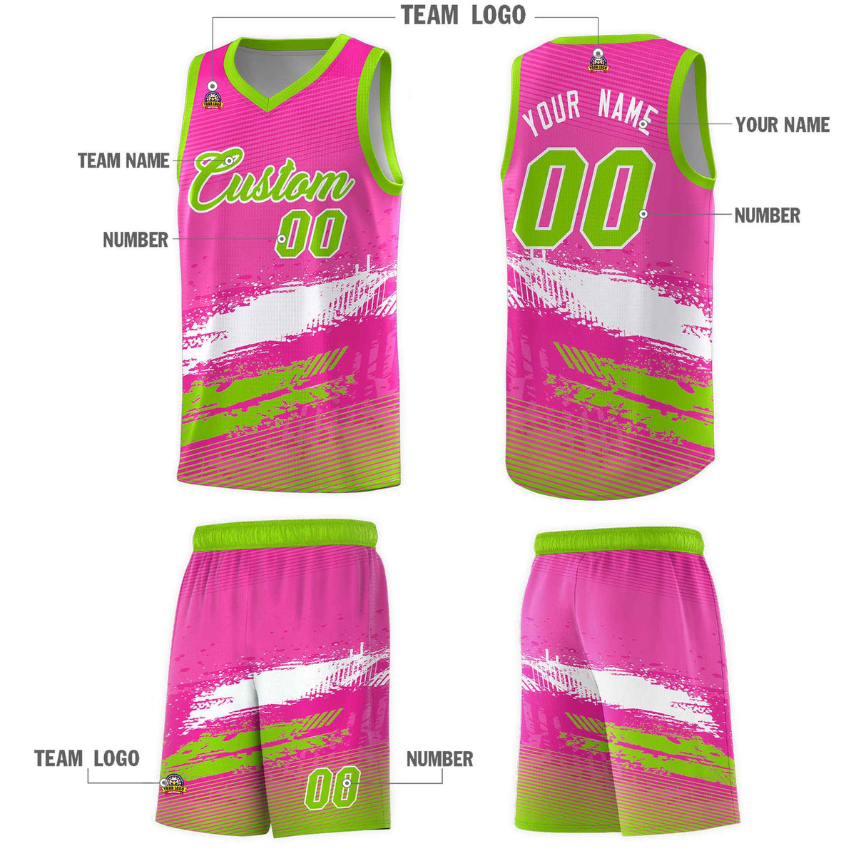 Custom Pink White and Neon Green Graffiti Pattern Sports Uniform Basketball Jersey|KXKSHOP