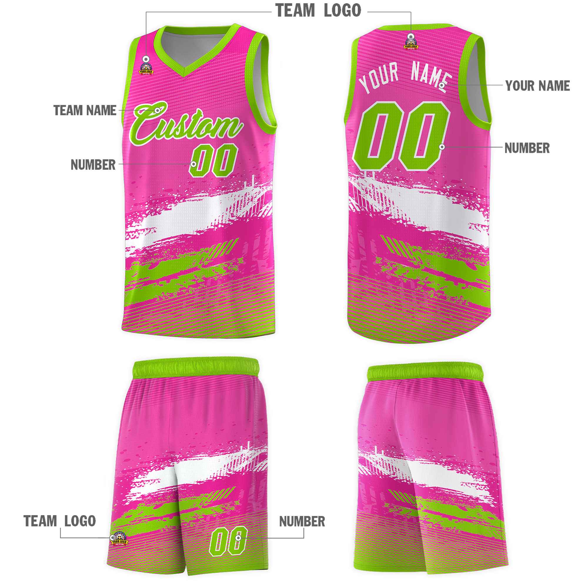 Custom Pink White and Neon Green Graffiti Pattern Sports Uniform Basketball Jersey|KXKSHOP