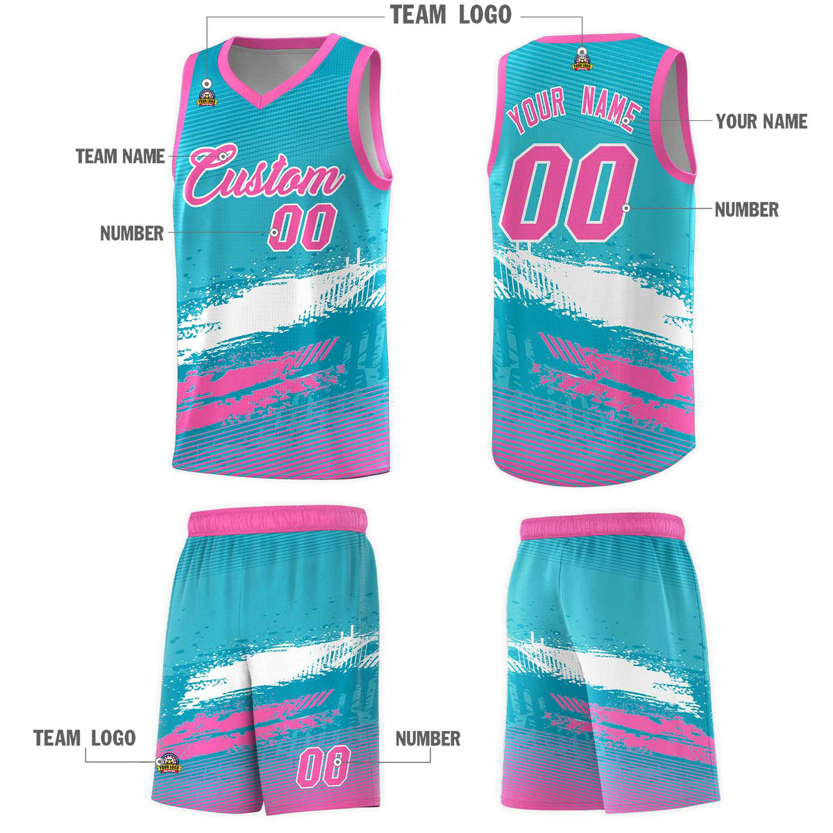 Custom Sky Blue White and Pink Graffiti Pattern Sports Uniform Basketball Jersey|KXKSHOP