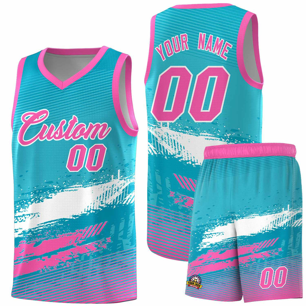 Custom Sky Blue White and Pink Graffiti Pattern Sports Uniform Basketball Jersey|KXKSHOP