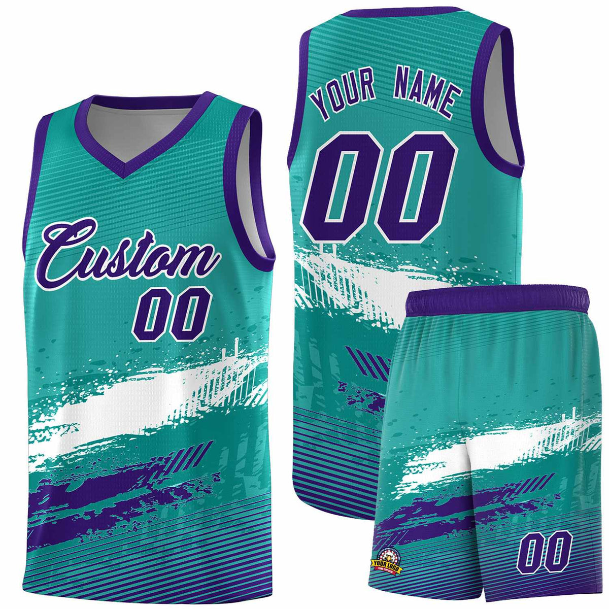 Custom Aqua White and Purple Graffiti Pattern Sports Uniform Basketball Jersey|KXKSHOP