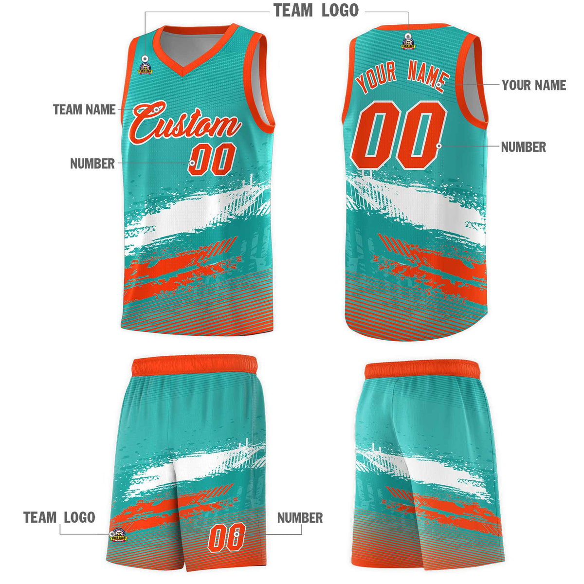 Custom Aqua White and Orange Graffiti Pattern Sports Uniform Basketball Jersey|KXKSHOP