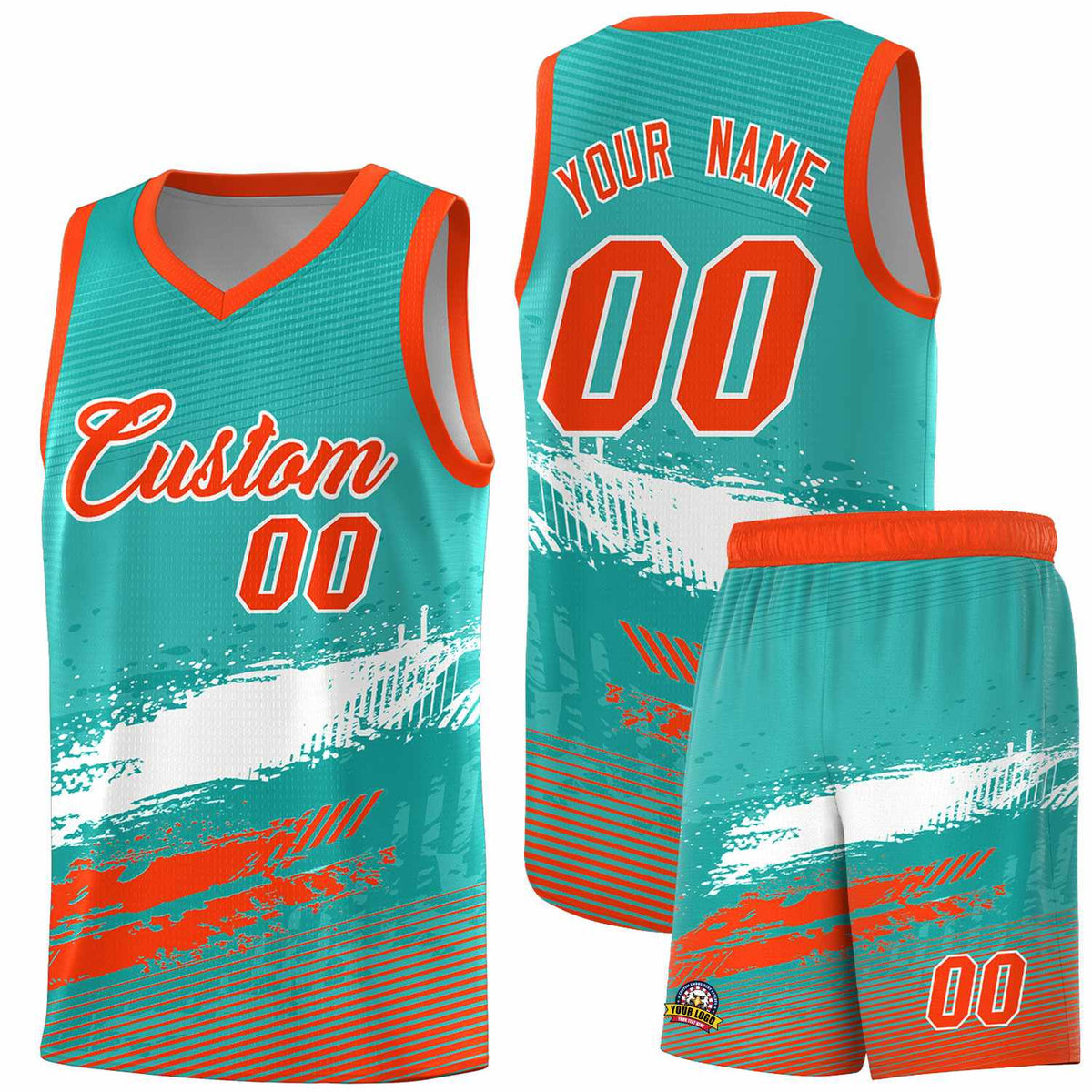 Custom Aqua White and Orange Graffiti Pattern Sports Uniform Basketball Jersey|KXKSHOP