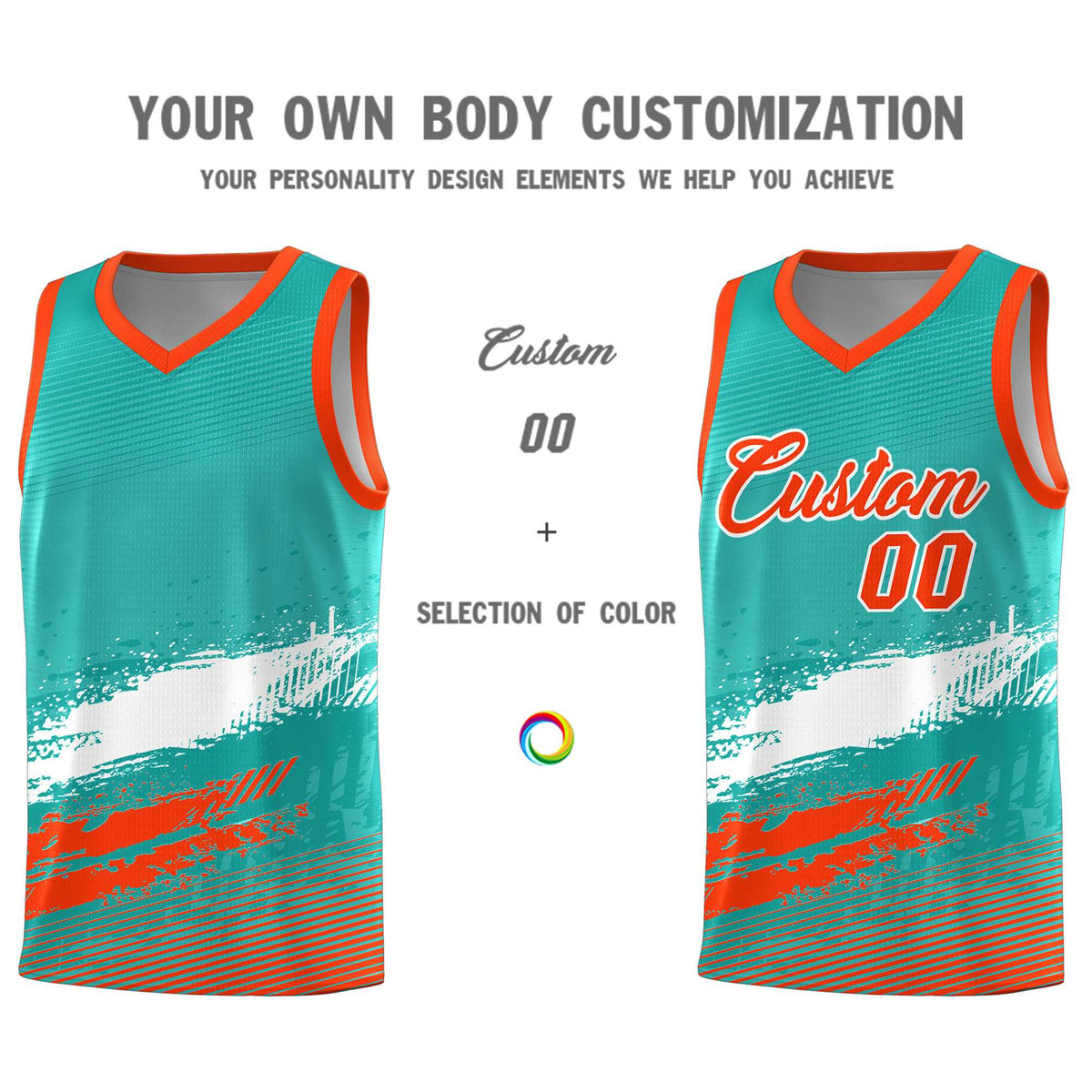 Custom Aqua White and Orange Graffiti Pattern Sports Uniform Basketball Jersey|KXKSHOP