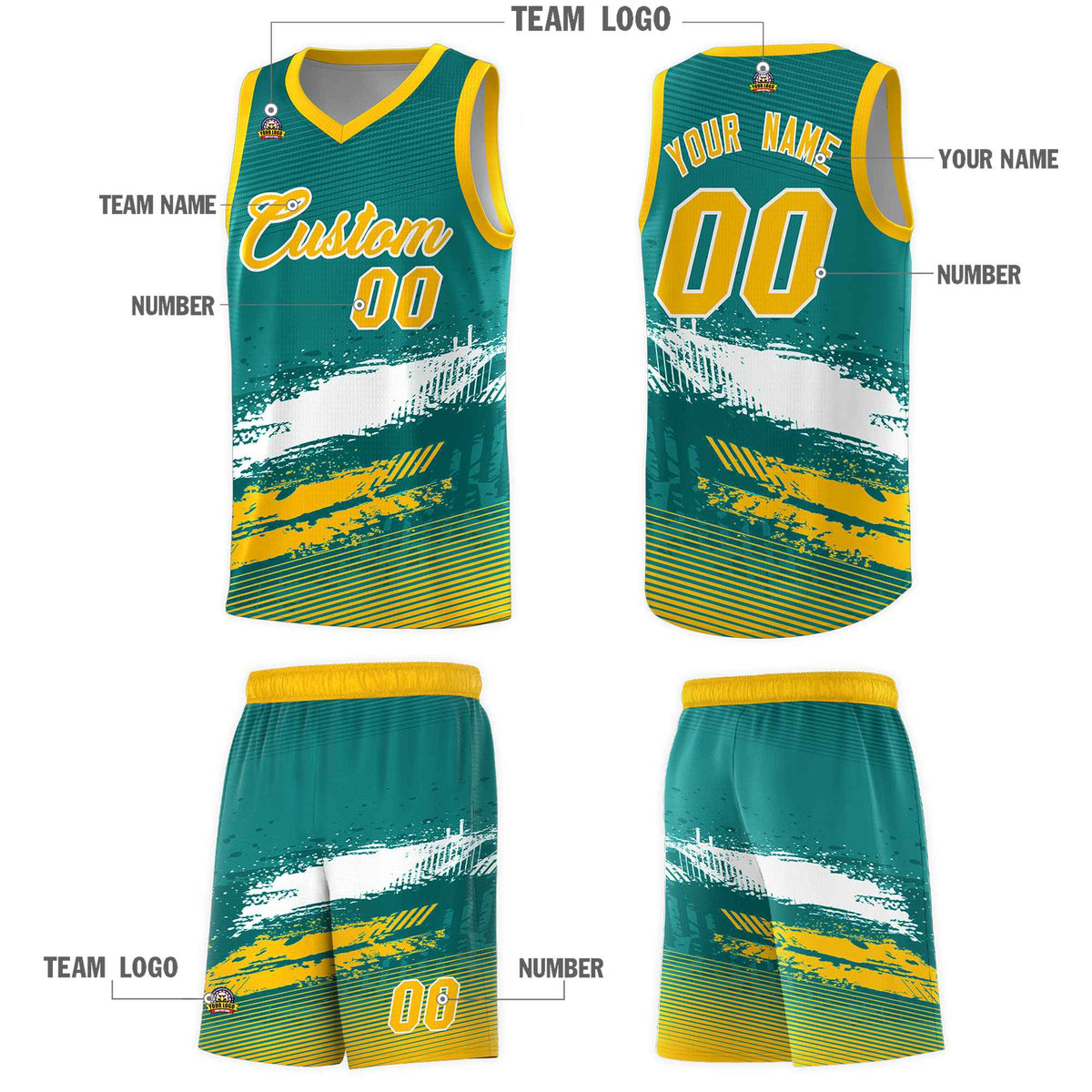 Custom Aqua White and Yellow Graffiti Pattern Sports Uniform Basketball Jersey|KXKSHOP