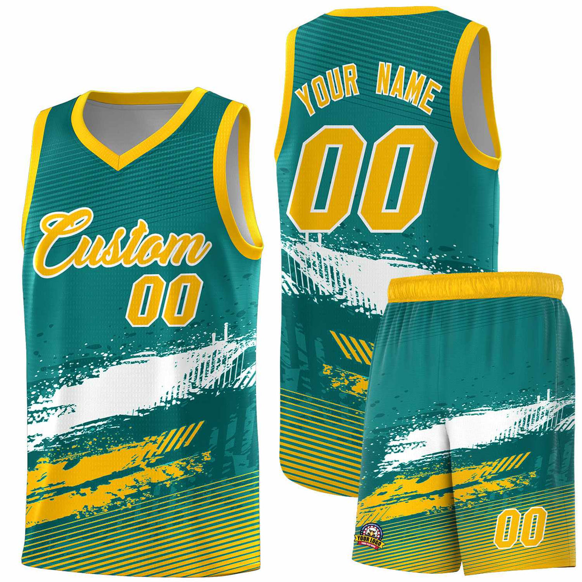 Custom Aqua White and Yellow Graffiti Pattern Sports Uniform Basketball Jersey|KXKSHOP