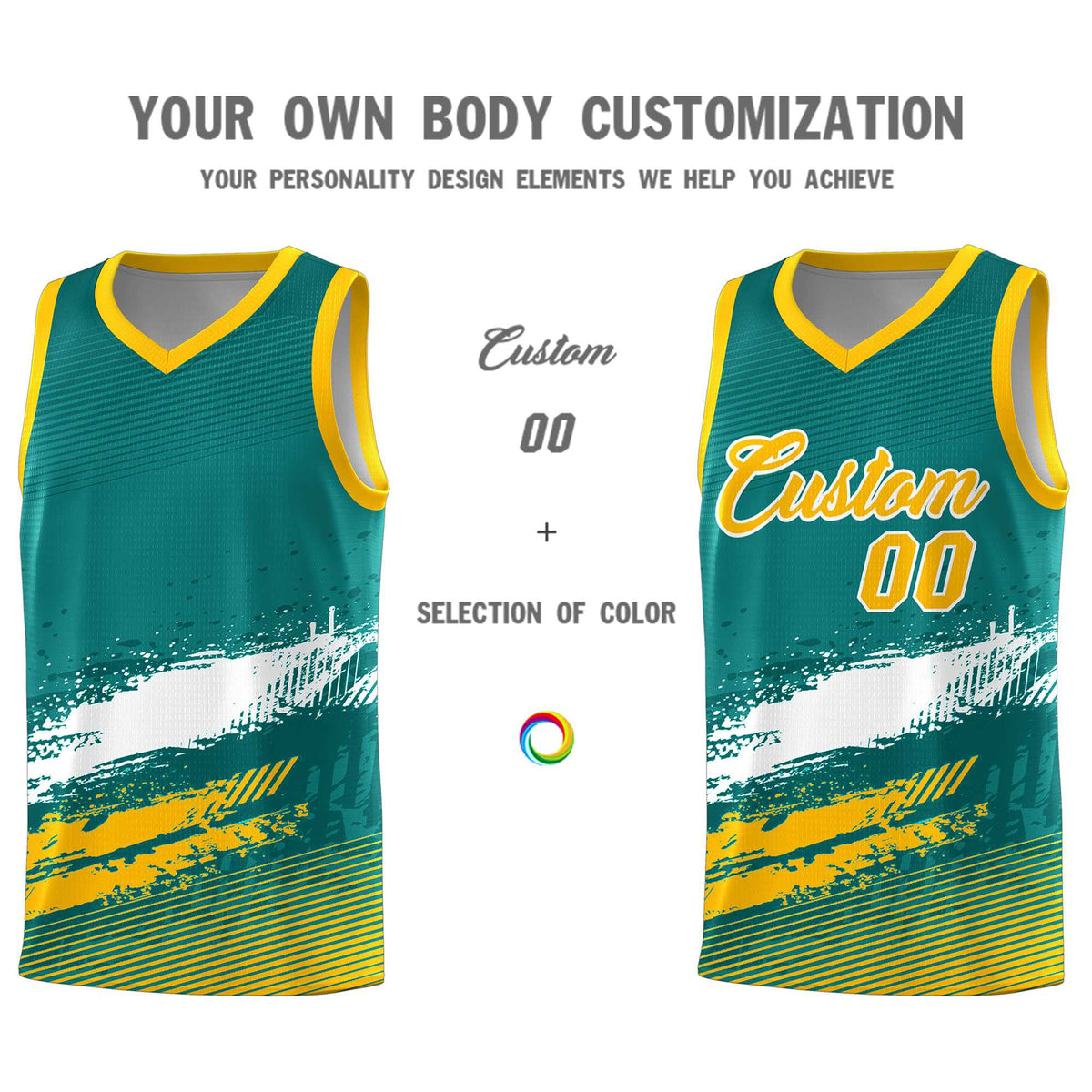 Custom Aqua White and Yellow Graffiti Pattern Sports Uniform Basketball Jersey|KXKSHOP