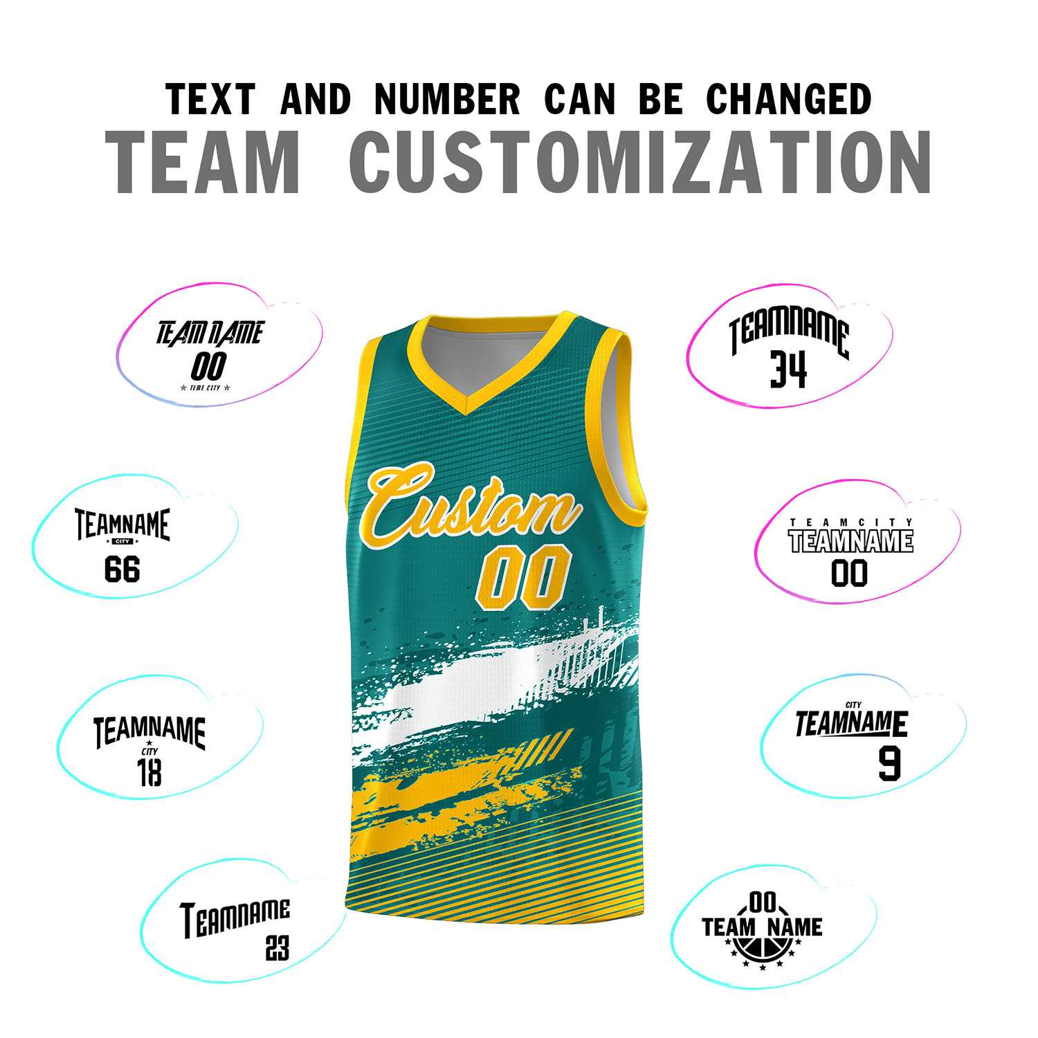 Custom Aqua White and Yellow Graffiti Pattern Sports Uniform Basketball Jersey|KXKSHOP
