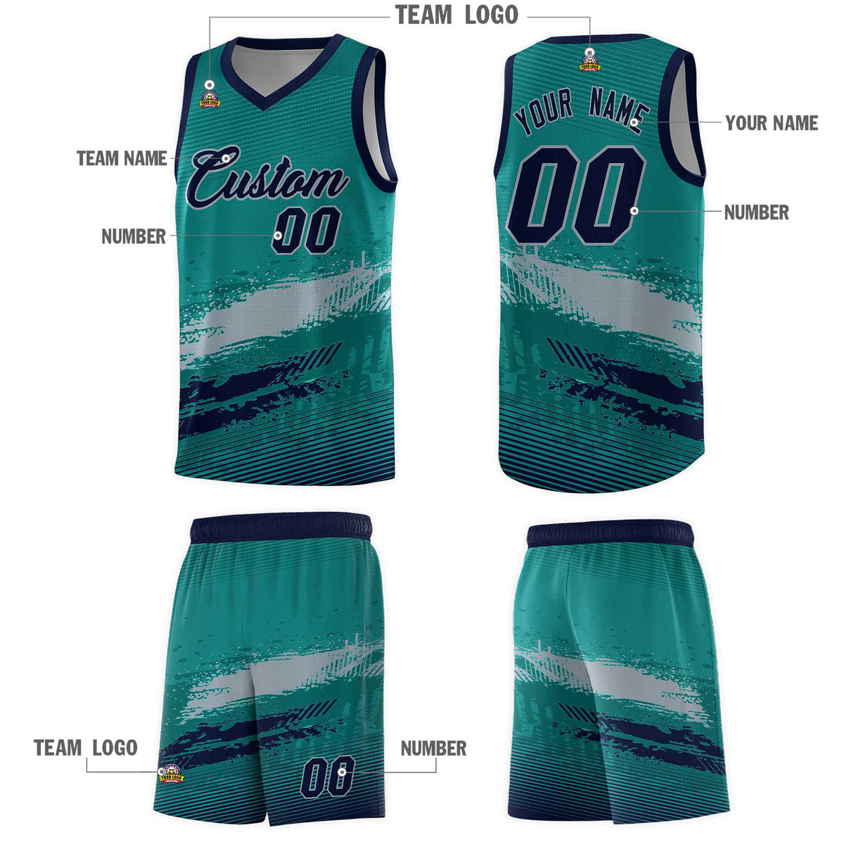 Custom Aqua Gray and Navy Graffiti Pattern Sports Uniform Basketball Jersey|KXKSHOP
