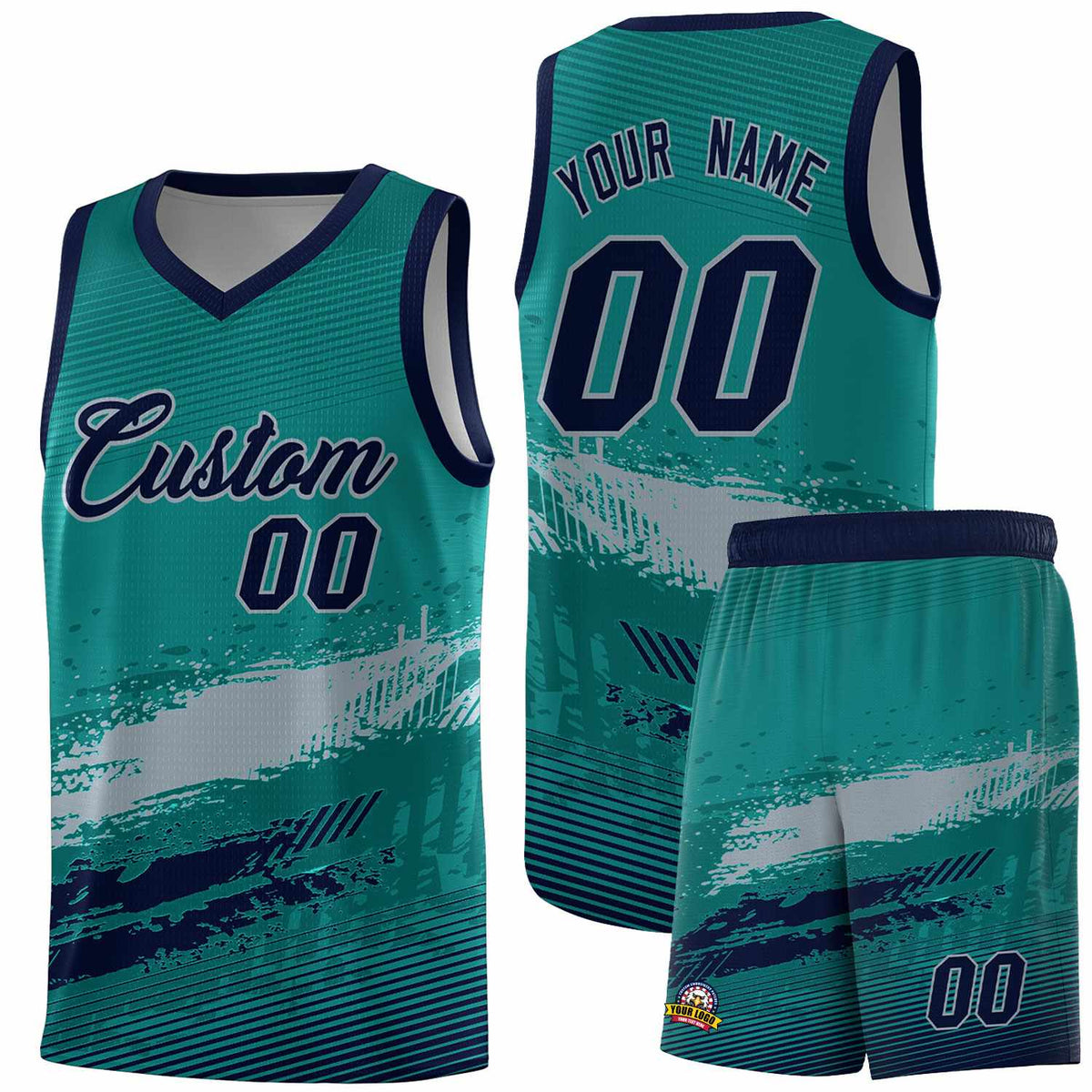 Custom Aqua Gray and Navy Graffiti Pattern Sports Uniform Basketball Jersey|KXKSHOP