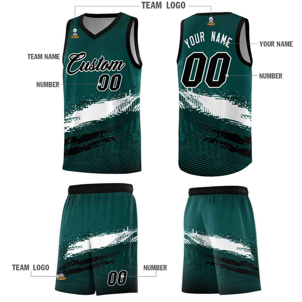 Custom Midnight Green White and Black Graffiti Pattern Sports Uniform Basketball Jersey|KXKSHOP
