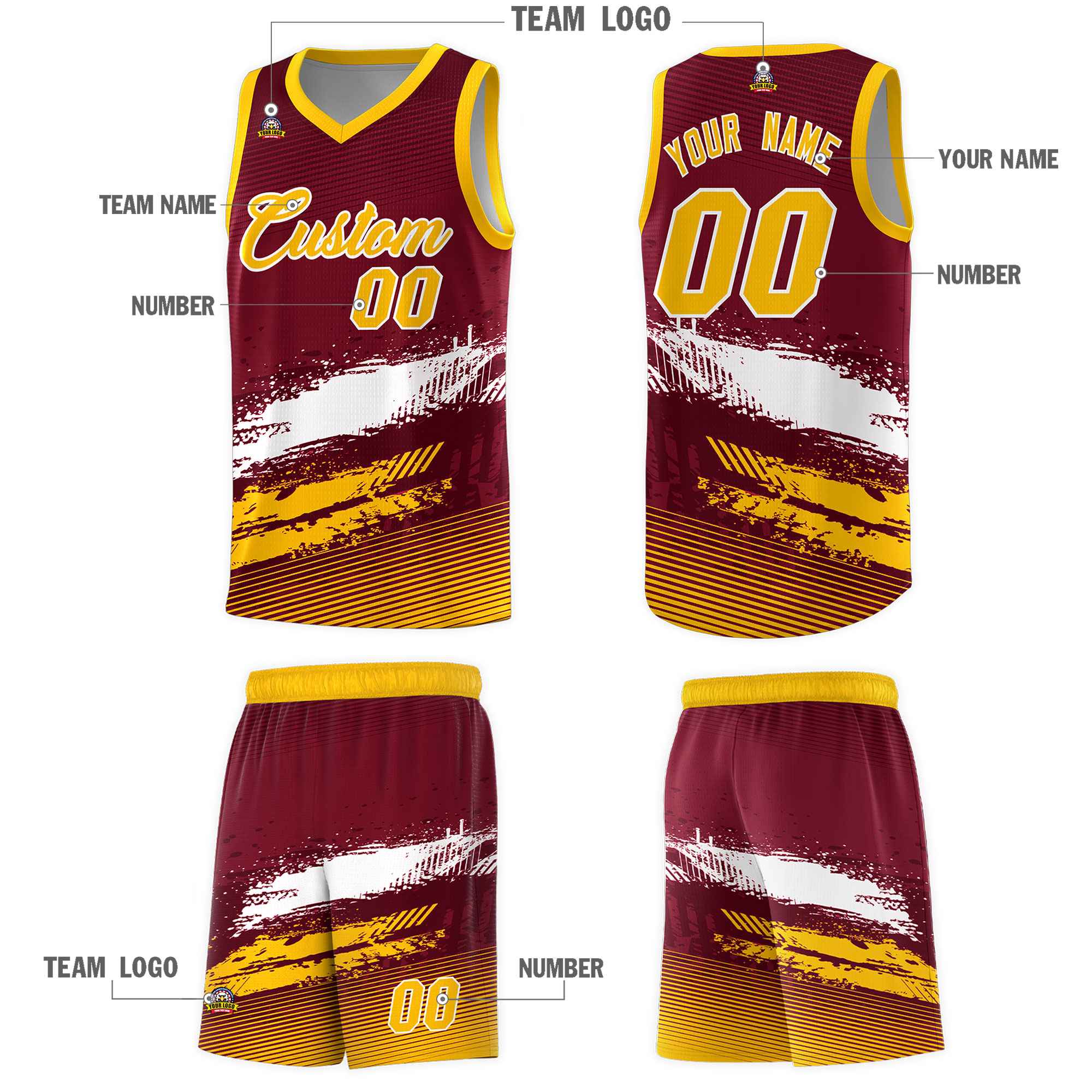 Custom Crimson White and Yellow Graffiti Pattern Sports Uniform Basketball Jersey|KXKSHOP