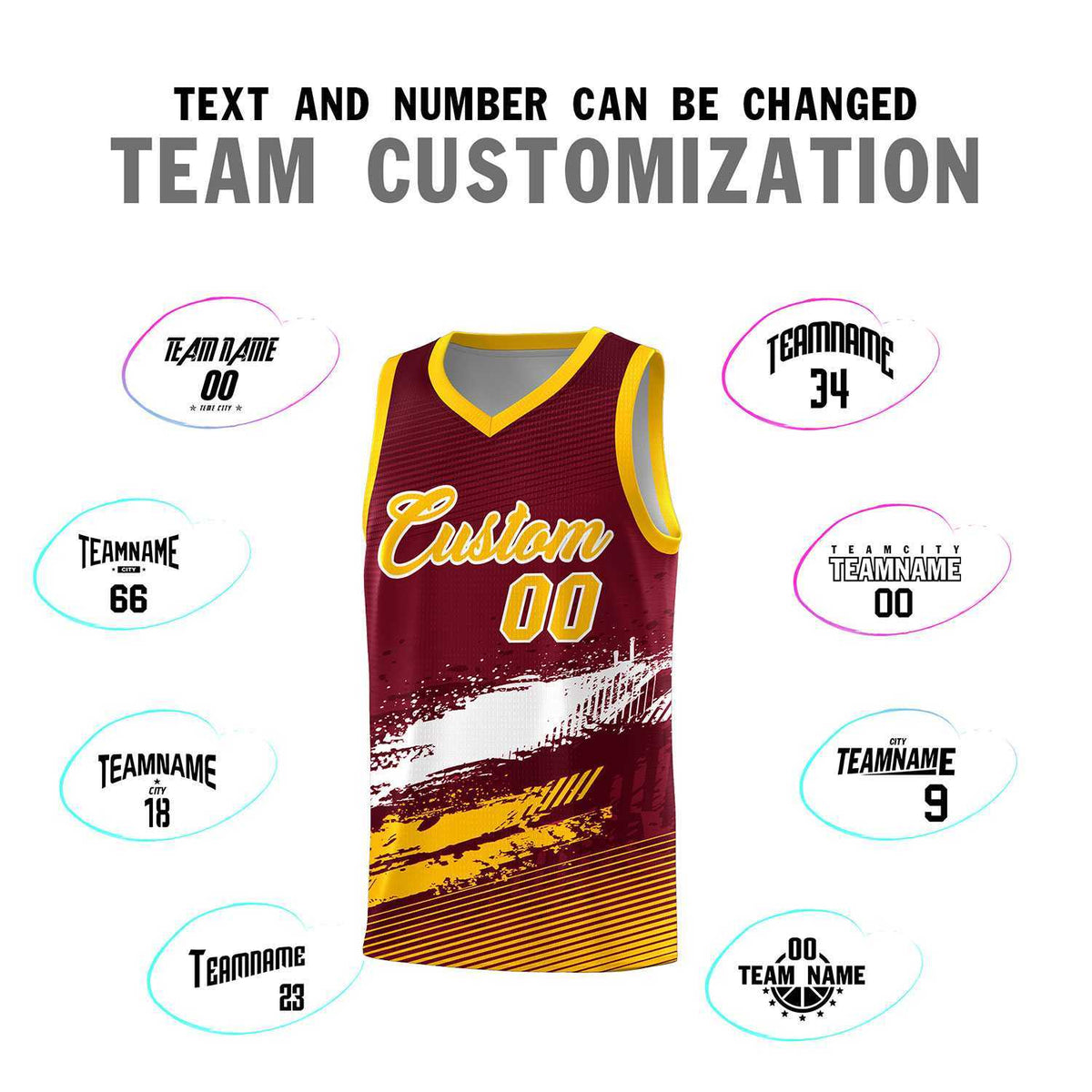 Custom Crimson White and Yellow Graffiti Pattern Sports Uniform Basketball Jersey|KXKSHOP
