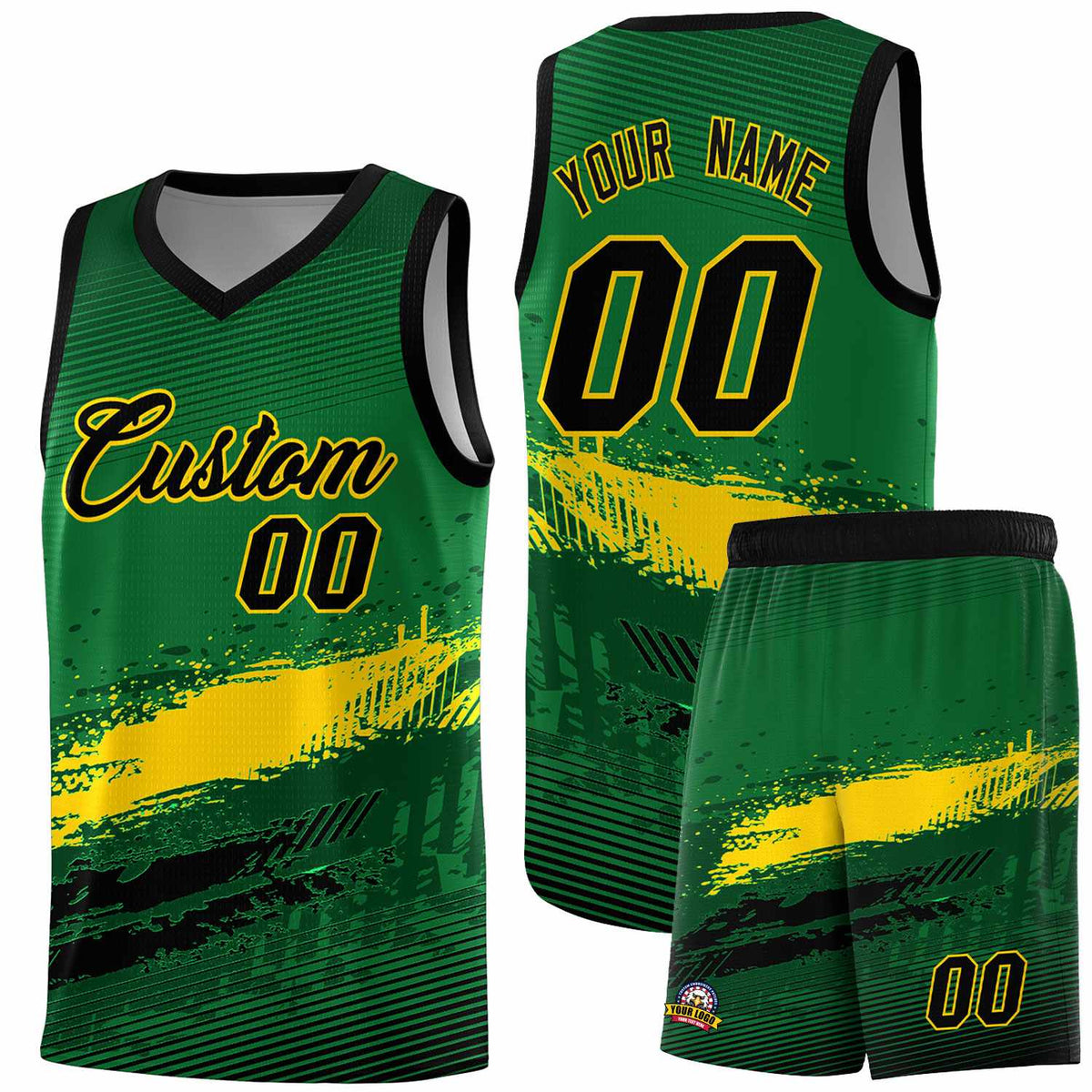 Custom Kelly Green Gold and Black Graffiti Pattern Sports Uniform Basketball Jersey|KXKSHOP