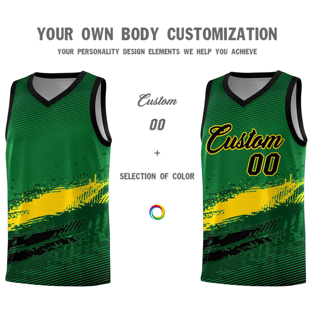 Custom Kelly Green Gold and Black Graffiti Pattern Sports Uniform Basketball Jersey|KXKSHOP