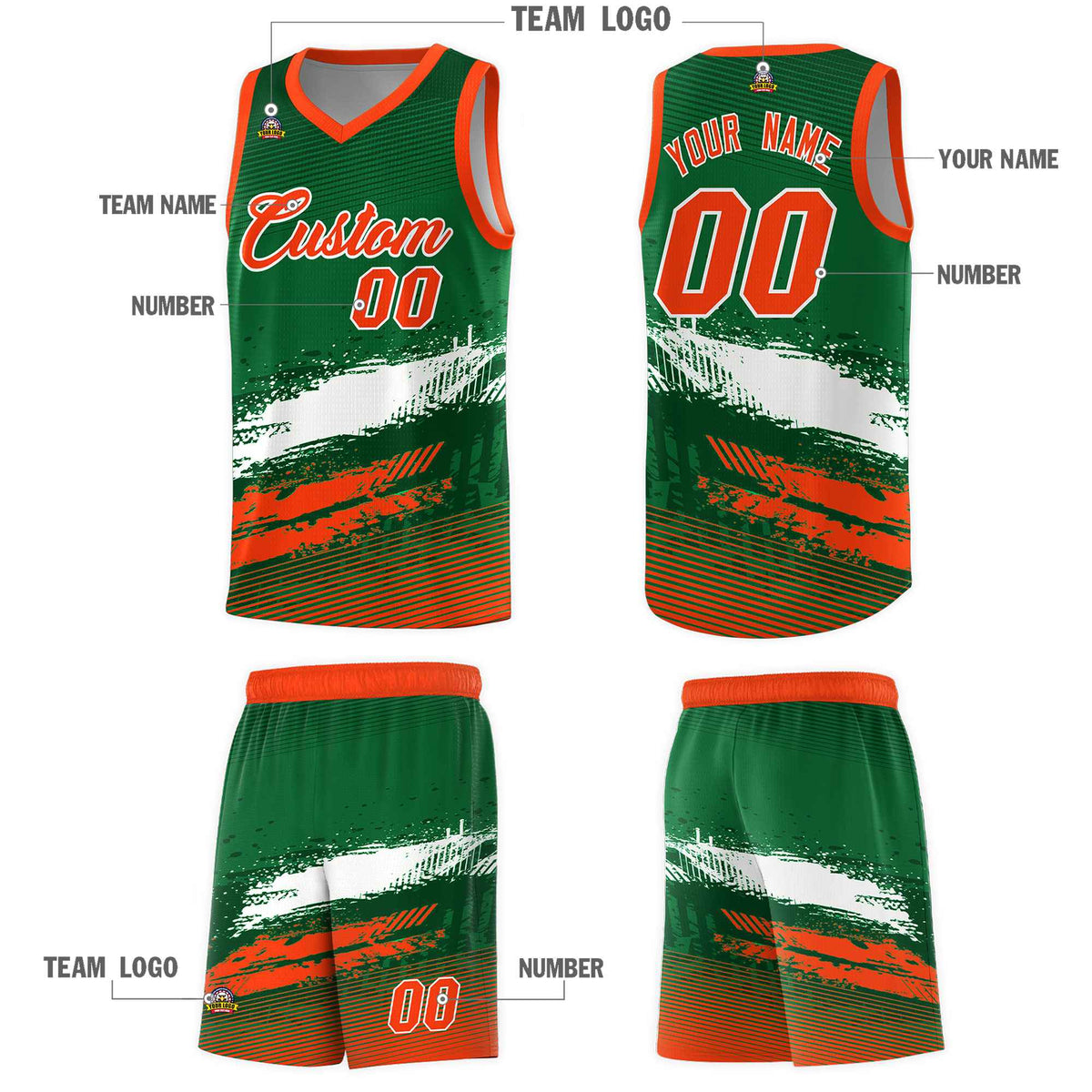 Custom Kelly Green White and Orange Graffiti Pattern Sports Uniform Basketball Jersey|KXKSHOP
